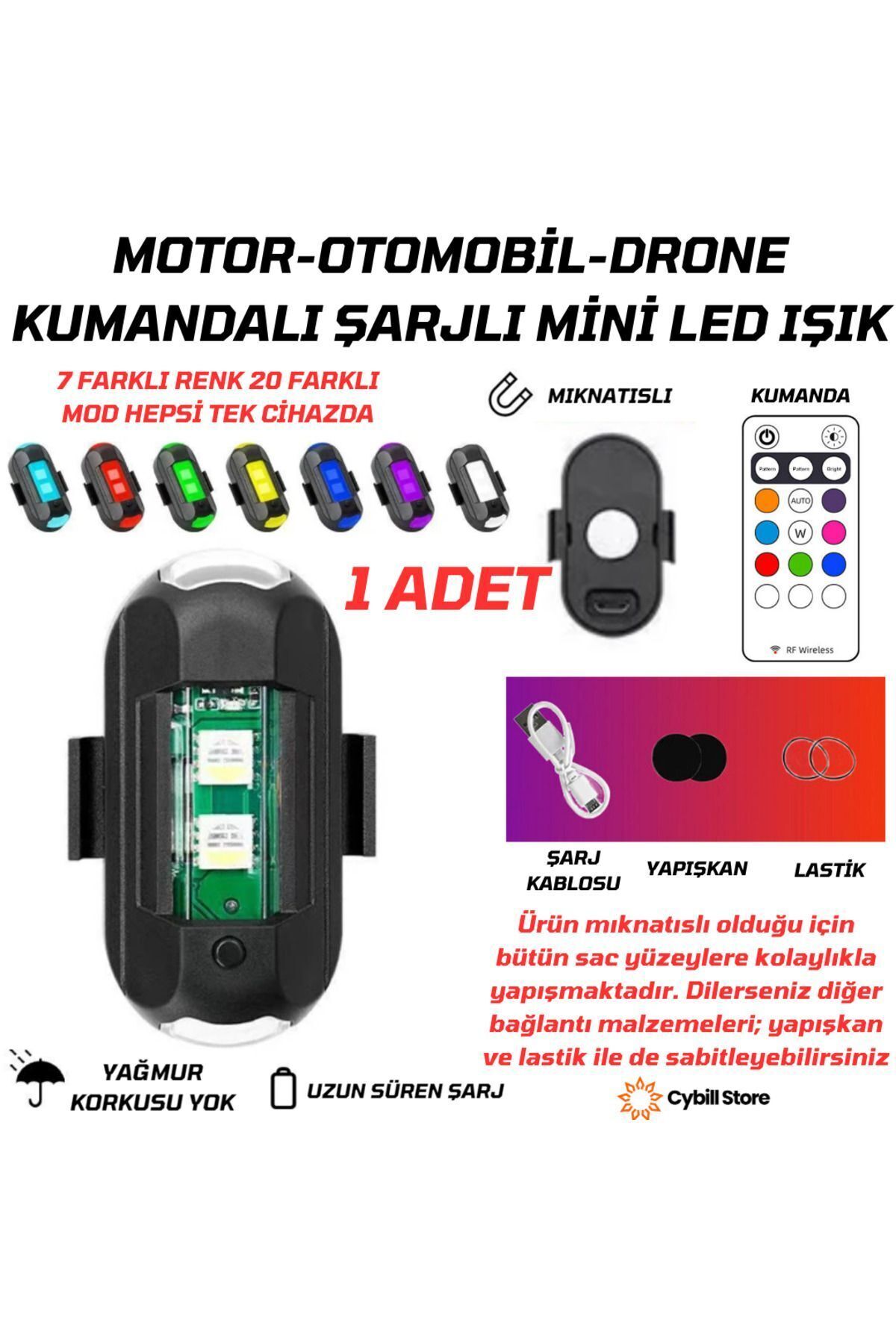 CybillStore Kumandalı Çakarlı Şarjlı 7 Renk Ve 20 Modlu Mini Led Işık Drone Motorsiklet Araba Bisiklet Işığı