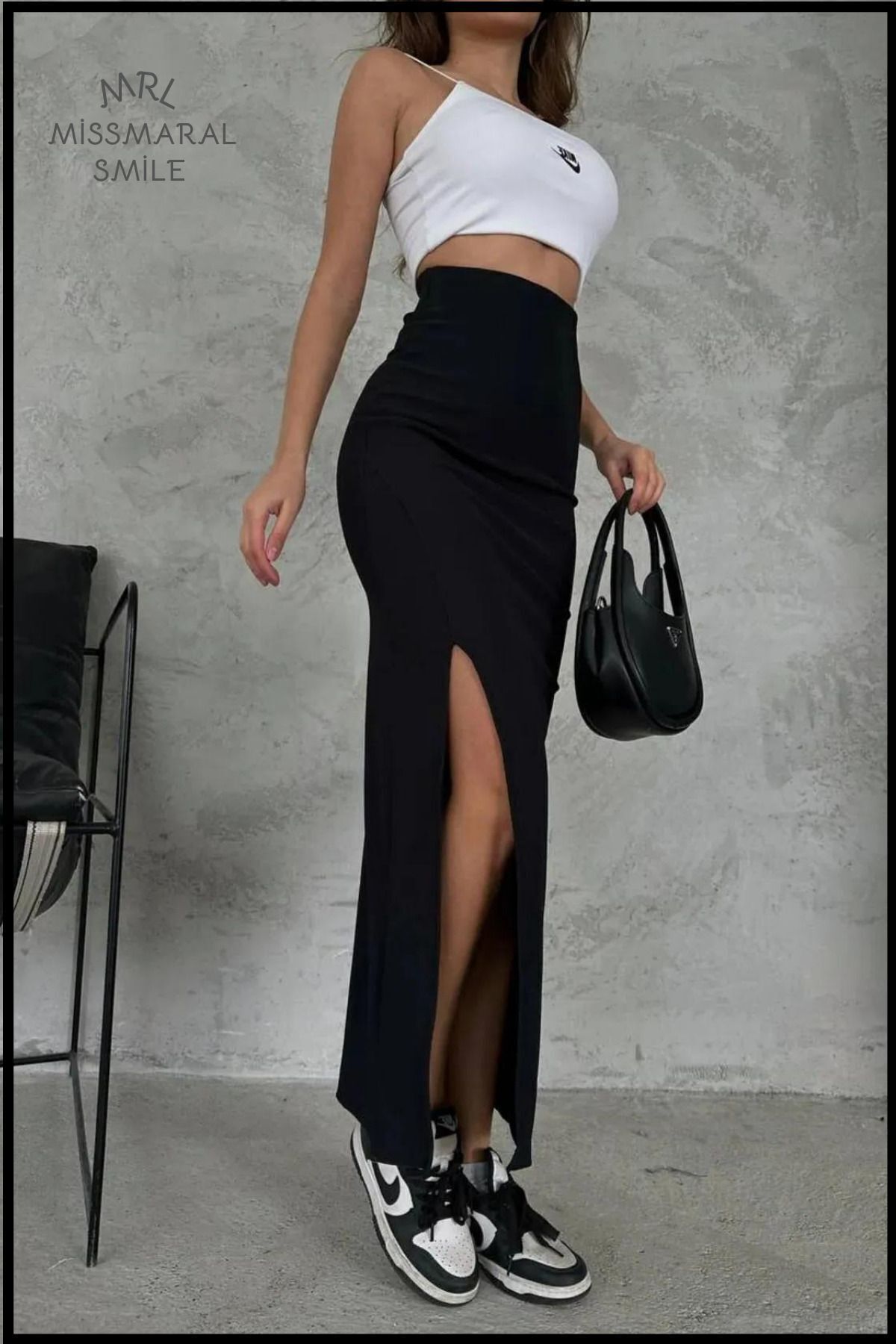 missmaral  Siyah Uzun Etek Dalgıç Kumaş Yırtmaçlı Maxi Boy 92 Cm - Görsel 5