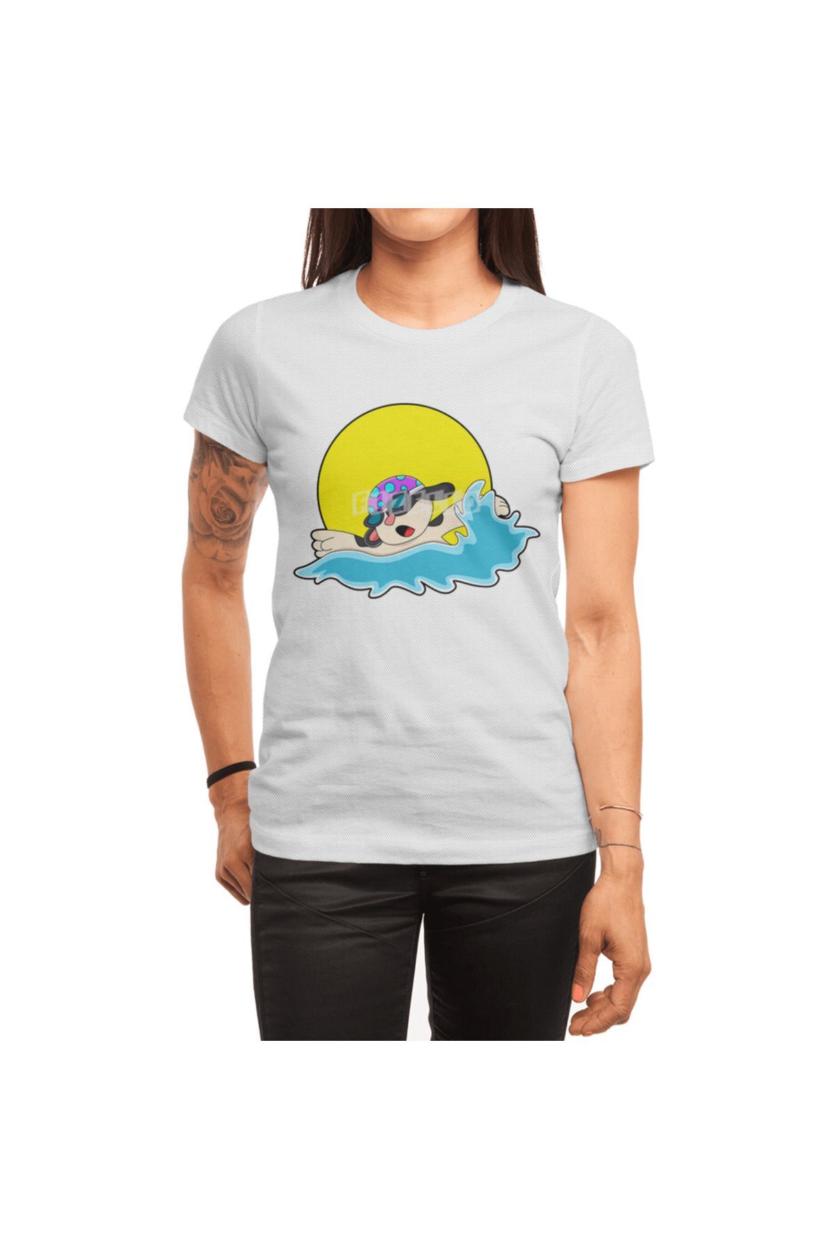 Fizello Dog At Swimming With Swim Goggles , Erkek Tişört, Kadın Tişört, Unisex Beyaz T-shirt