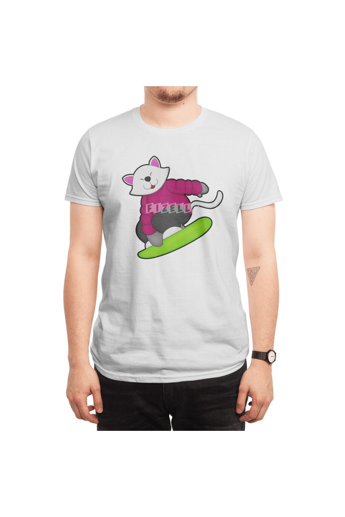 Fizello-Ανδρικό και γυναικείο λευκό μπλουζάκι - Cat As Snowboarder With Snowboarding Unisex Design 6