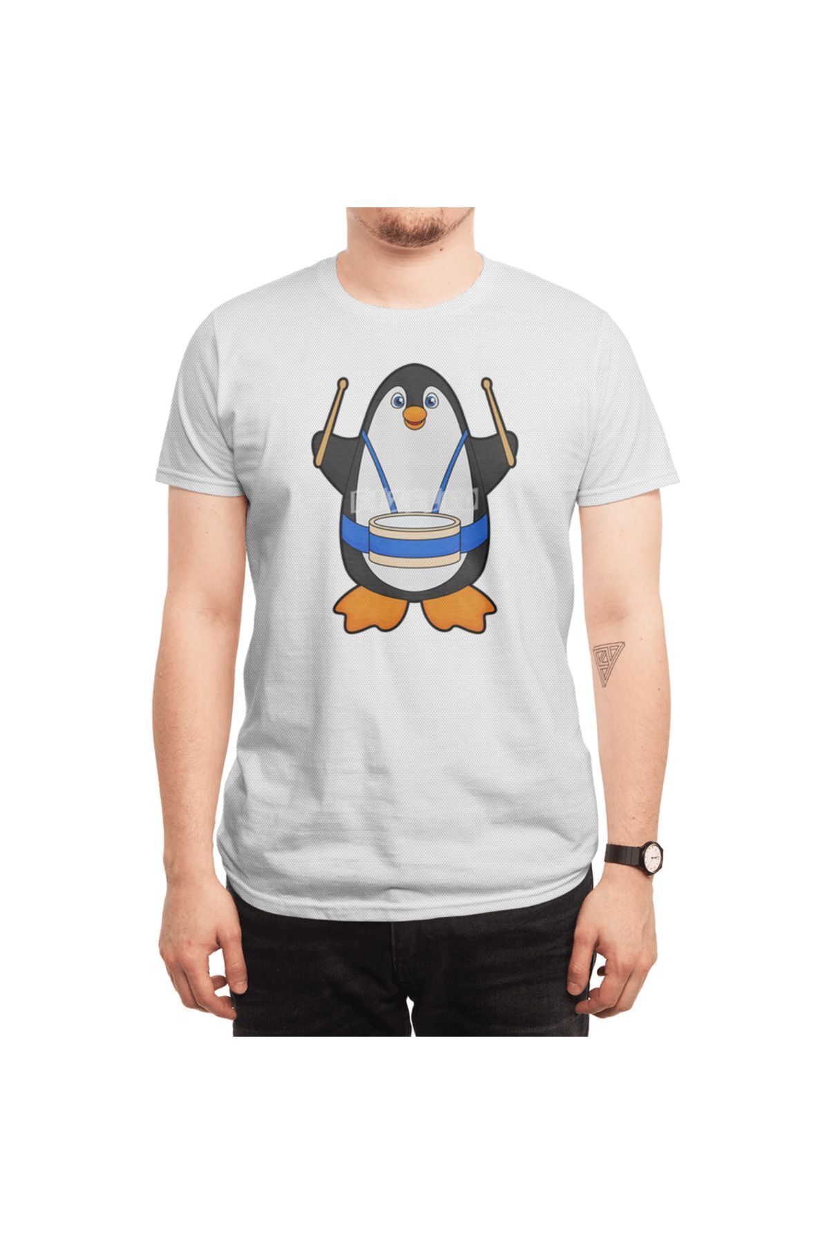 Fizello-Penguin - Ανδρικό και γυναικείο λευκό μπλουζάκι Unisex, Musician with Drum Pattern 6