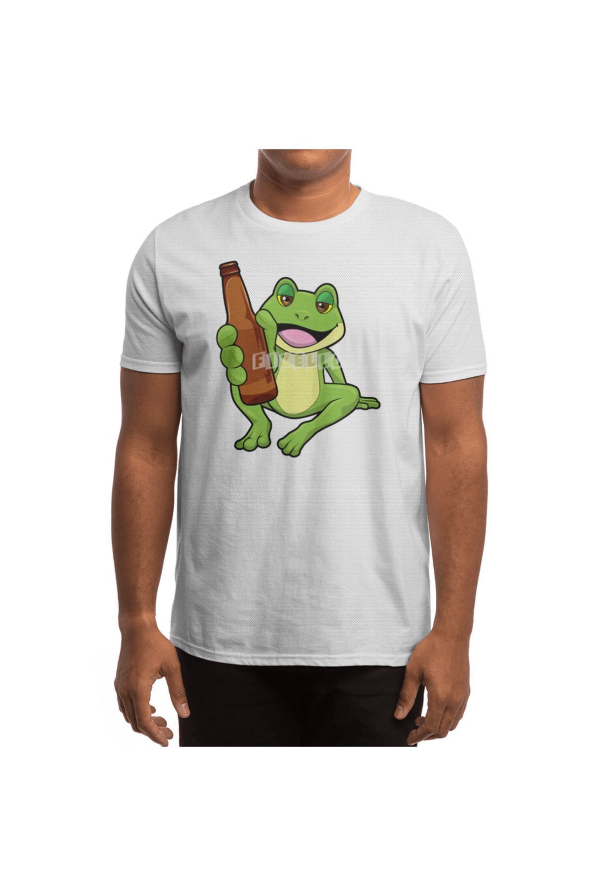 Fizello-Ανδρικό και γυναικείο λευκό μπλουζάκι - Frog with Bottle of Beer Pattern 4