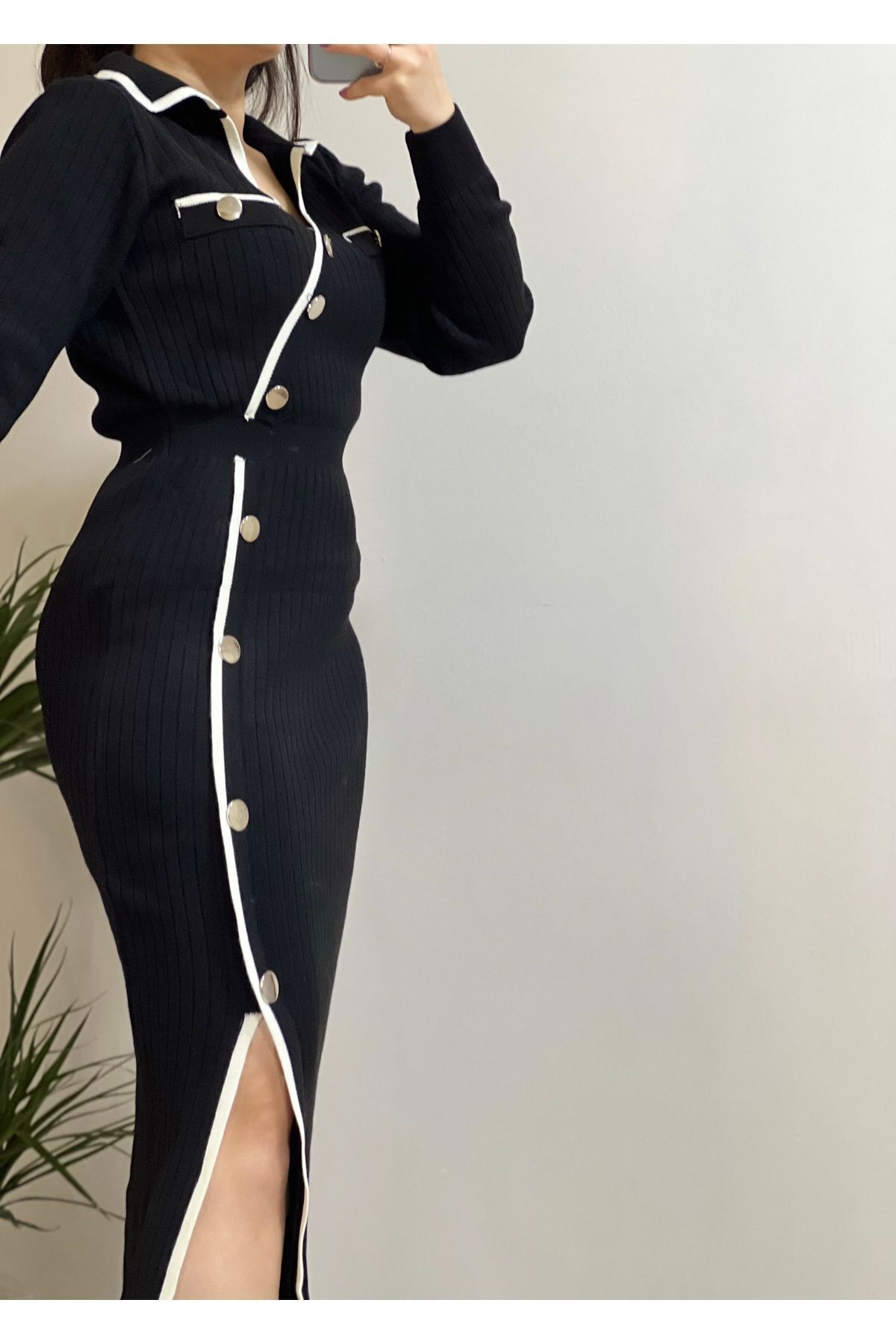 polo collar trendy black dress with slit detailed fitted