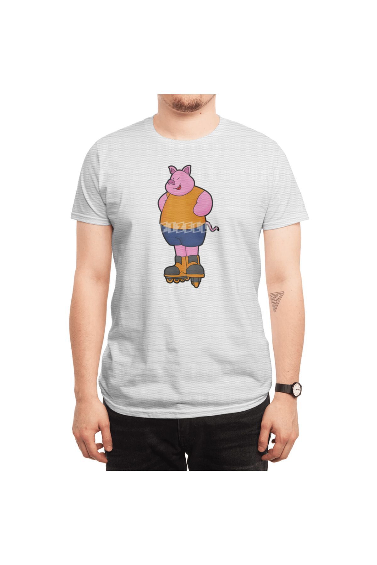 Fizello-Μπλουζάκι για άνδρες και γυναίκες - Unisex Λευκό, Pig As Skater Pattern, Inline Skates 6