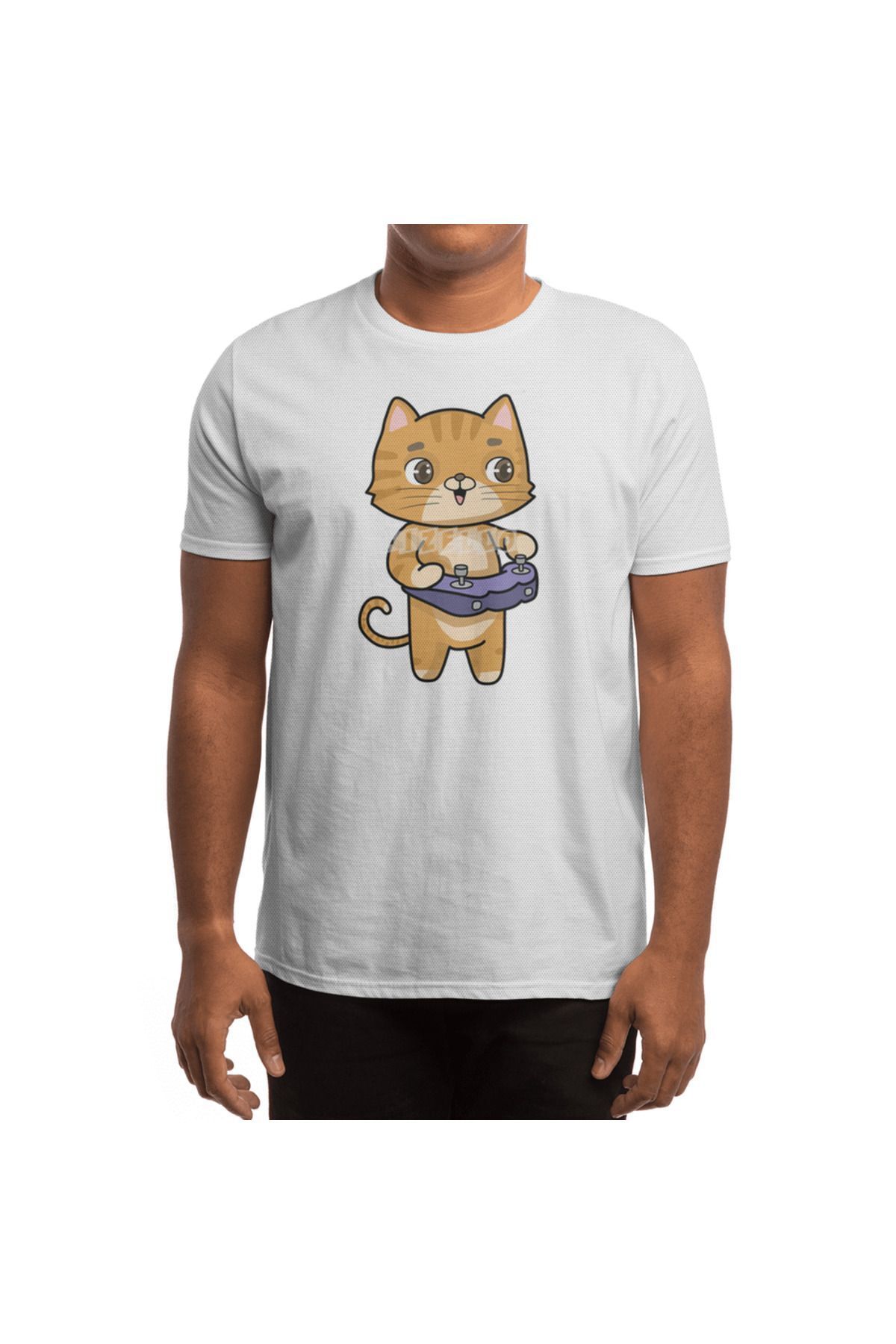 Fizello-Ανδρικό και γυναικείο λευκό μπλουζάκι Unisex - Cat at Playing with Controller 4