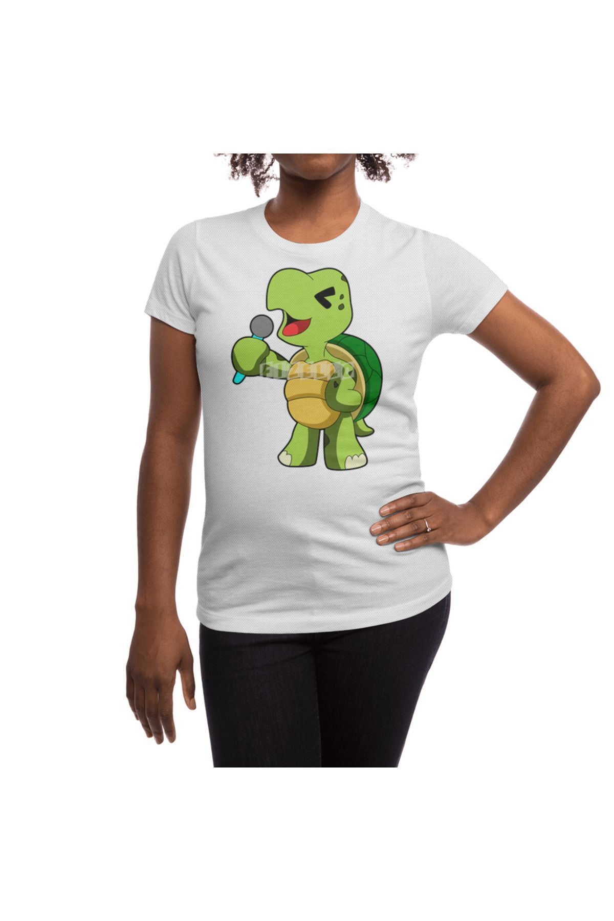 Fizello-Ανδρικό και γυναικείο λευκό μπλουζάκι Unisex - Turtle At Singing With Microphone Design 5