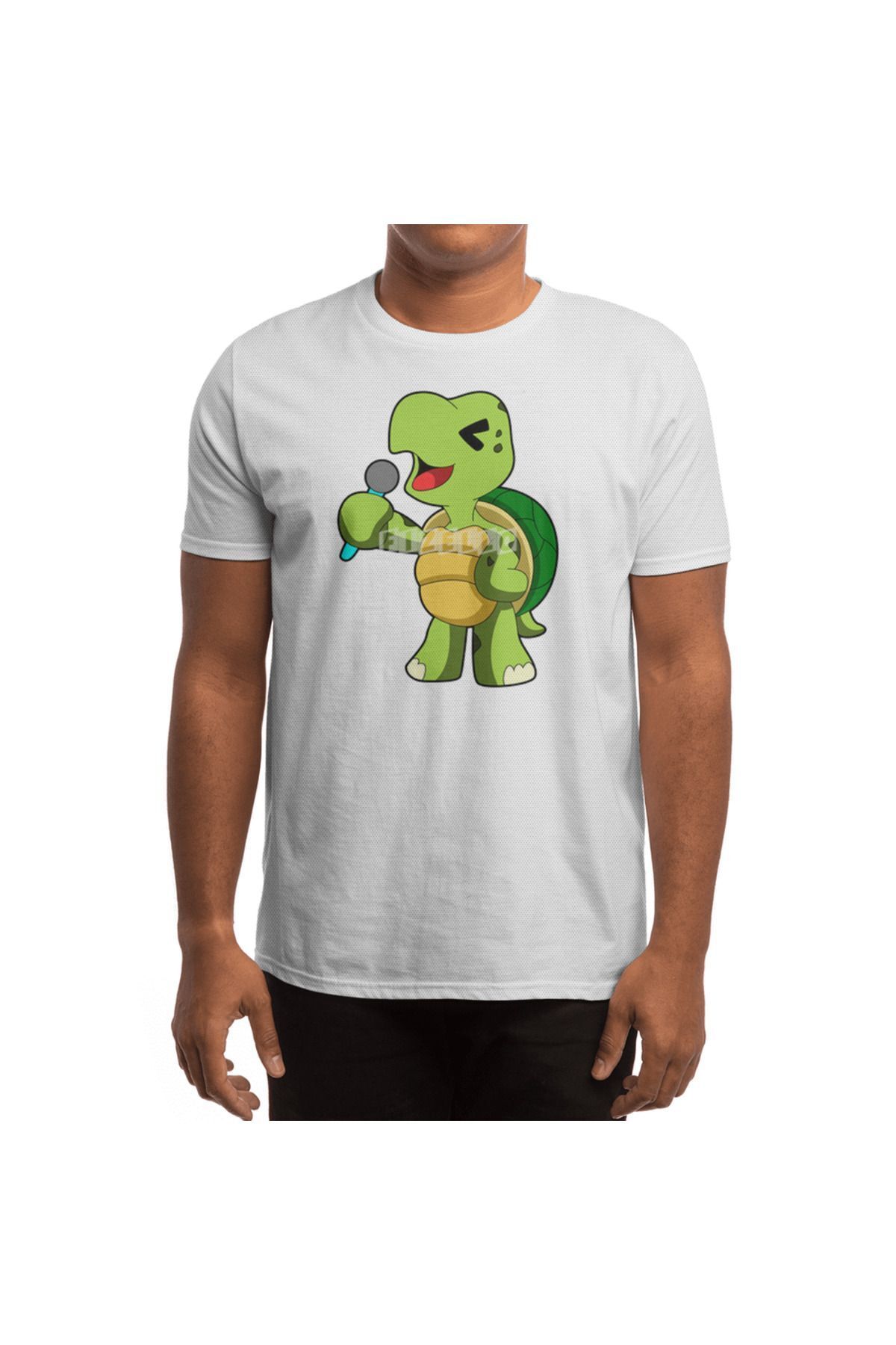 Fizello-Ανδρικό και γυναικείο λευκό μπλουζάκι Unisex - Turtle At Singing With Microphone Design 4