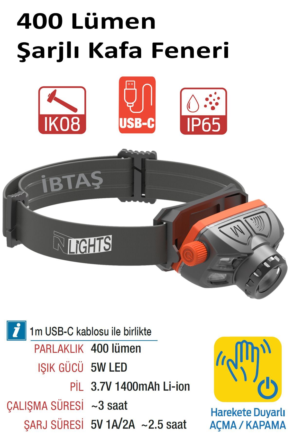 İBTAŞ Nt Lights 400 Lümen Şarjlı Ledli Kafa Feneri (NTLH3007) Kamp
