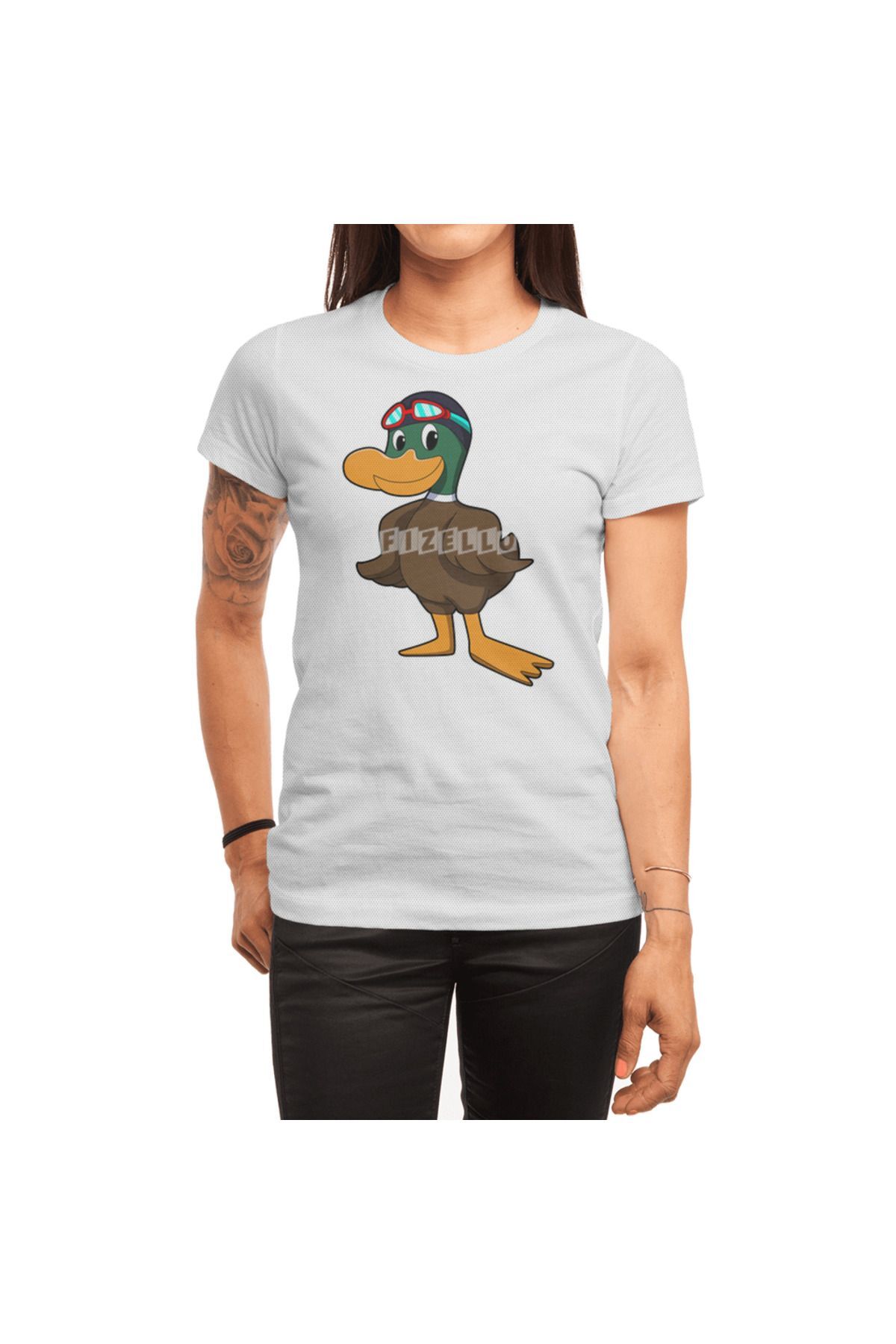 Fizello Duck At Swimming With Swimming Goggles , Erkek Tişört, Kadın Tişört, Unisex Beyaz T-shirt