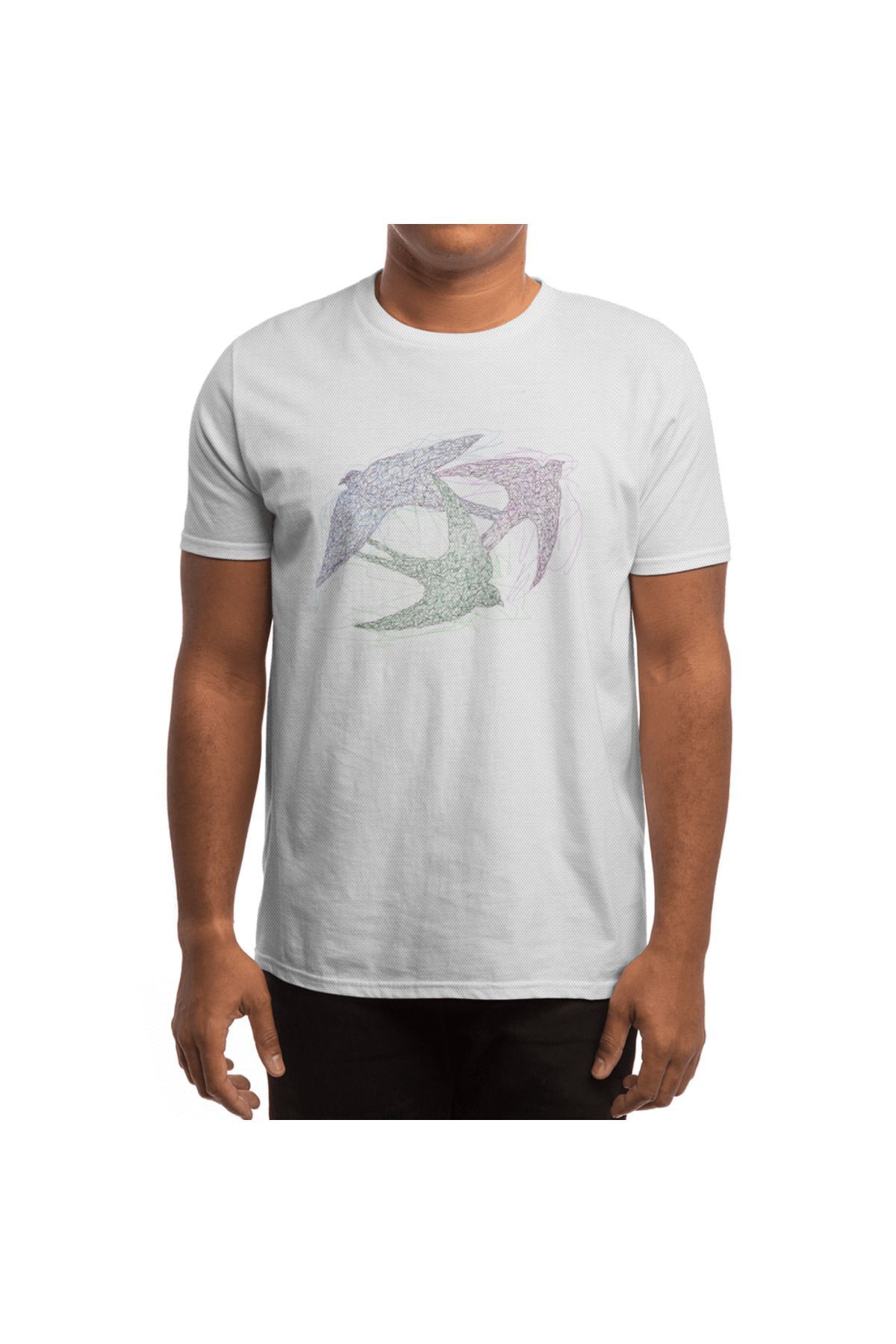 Fizello-Tricou alb unisex - Sketch Of Swallow Birds In Motion, Symbolism Of Freedom And Unity 4