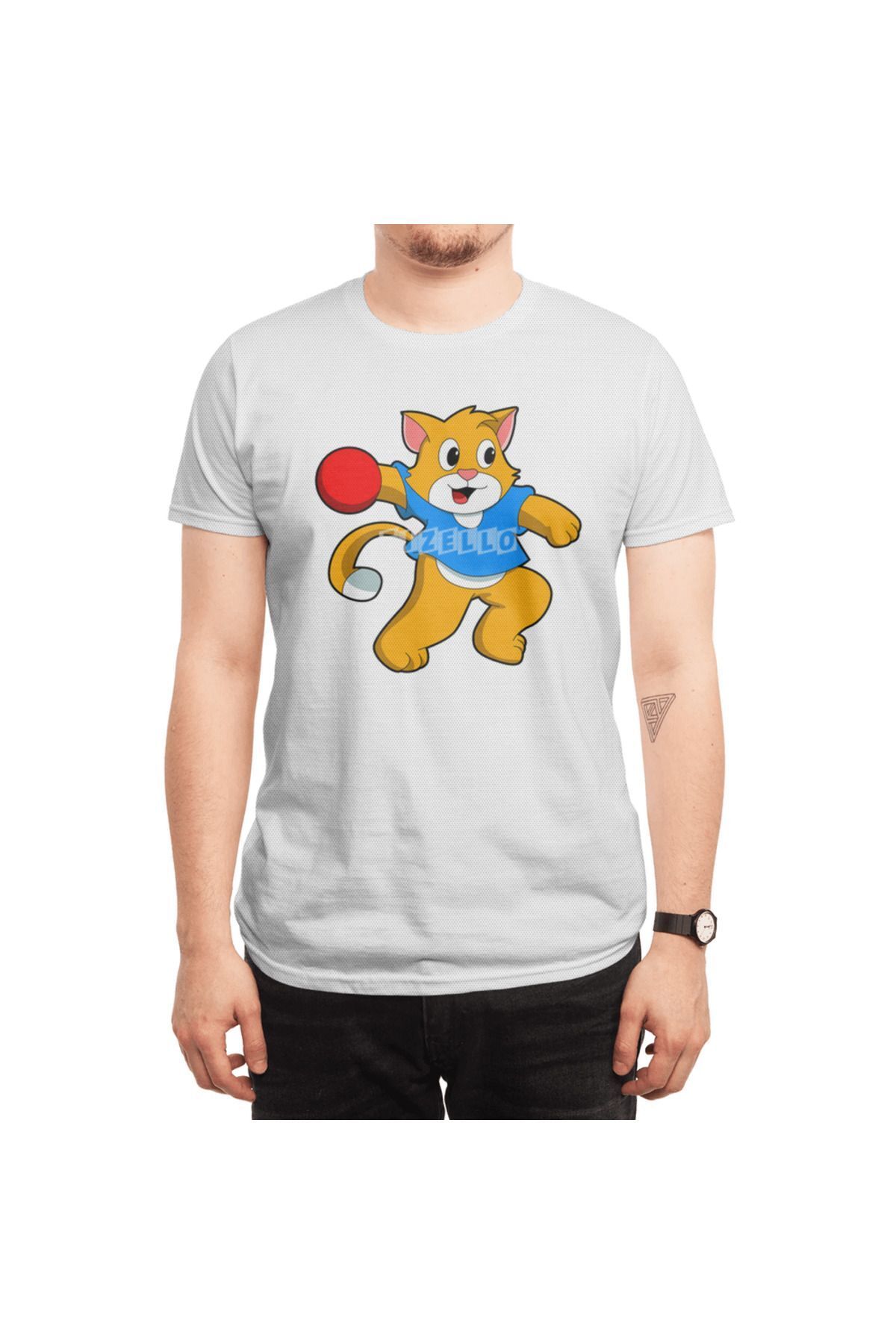 Fizello-Ανδρικό και γυναικείο λευκό μπλουζάκι Unisex - Cat As Handball Player With Handball Design 6