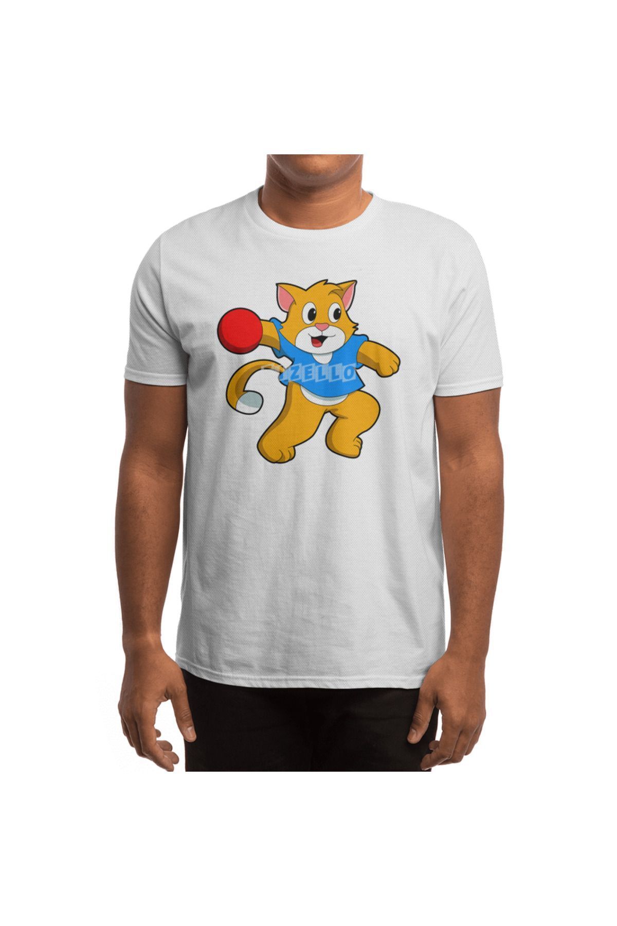 Fizello-Ανδρικό και γυναικείο λευκό μπλουζάκι Unisex - Cat As Handball Player With Handball Design 4