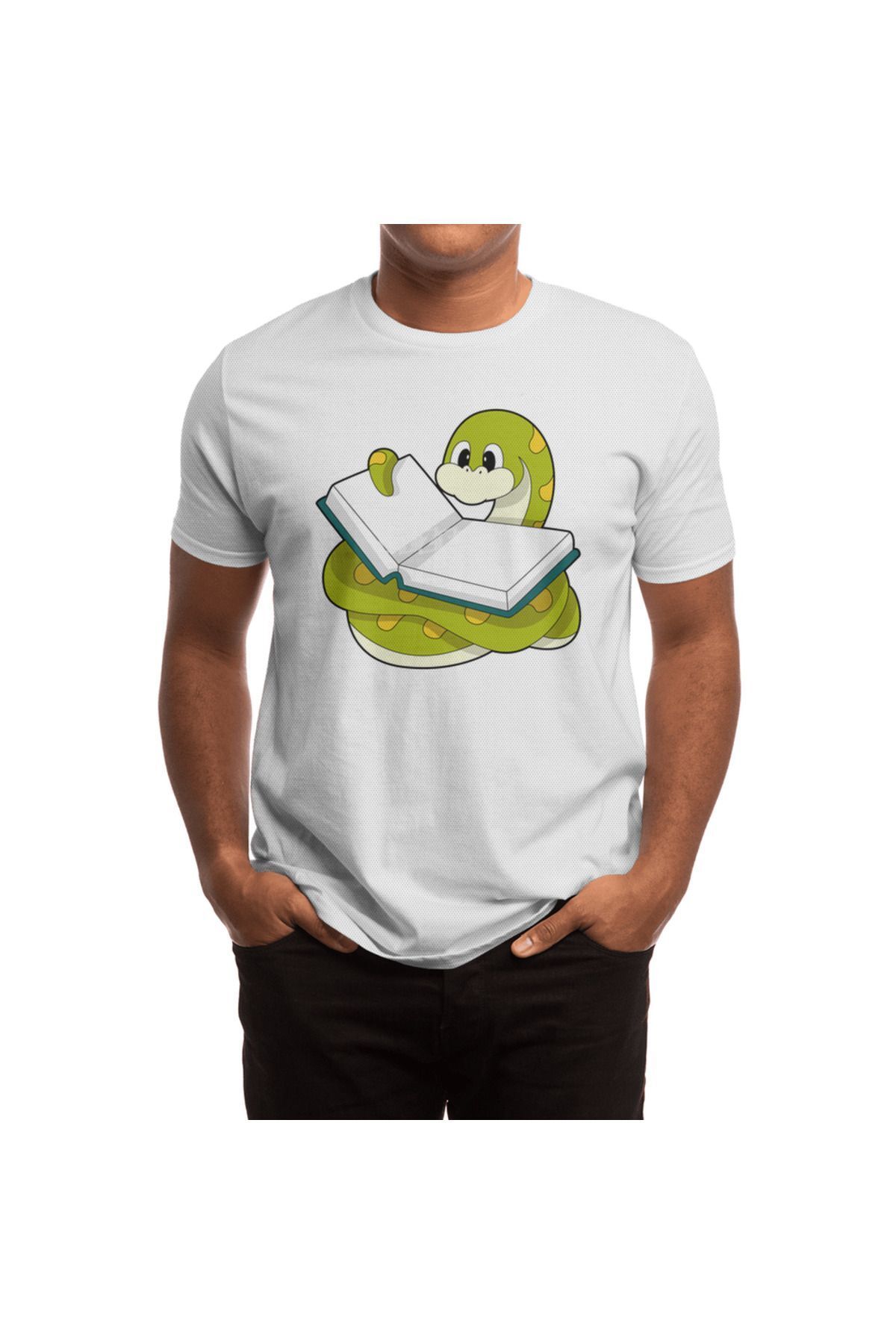 Fizello-Ανδρικό και γυναικείο λευκό μπλουζάκι Unisex - Snake At Reading With Book Design 2