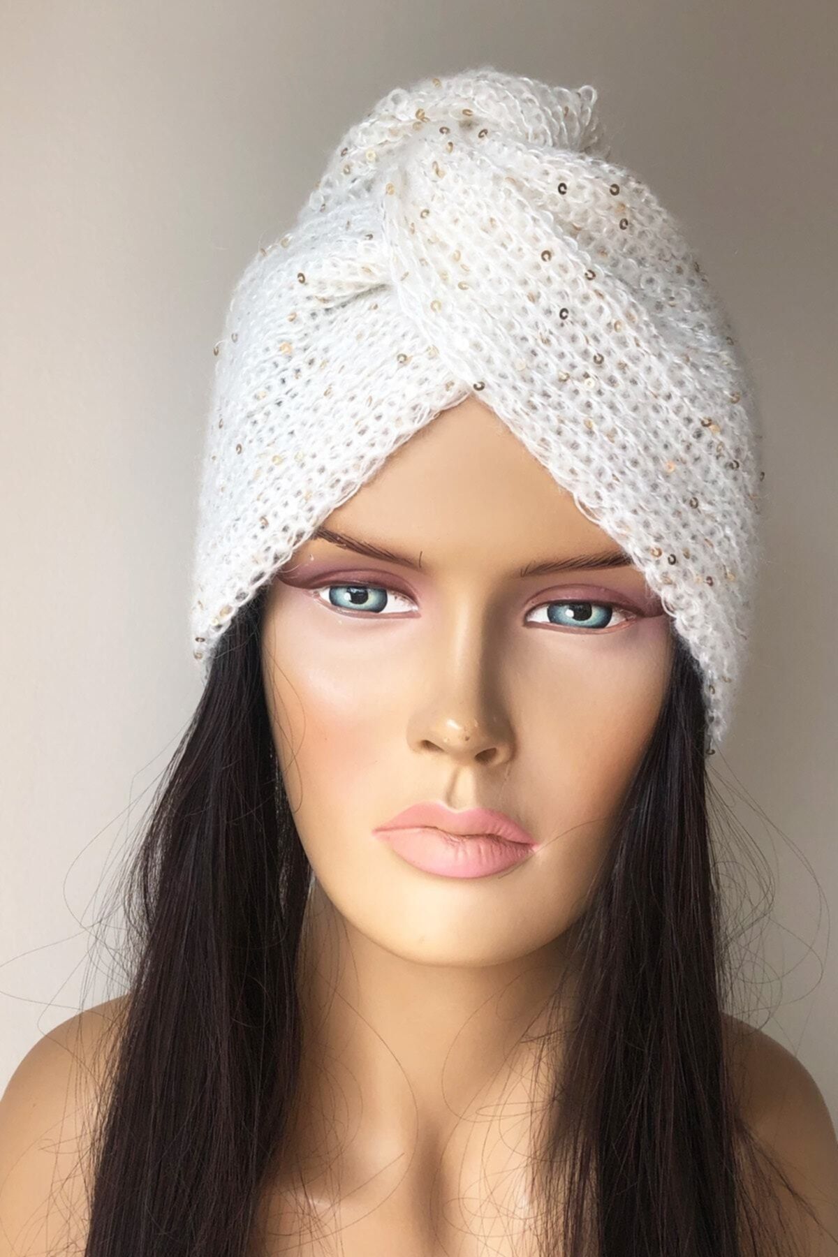 Vera-Angora Wolle Creme Baskenmütze Turban Modell Stilvolle Paillettenmütze 4