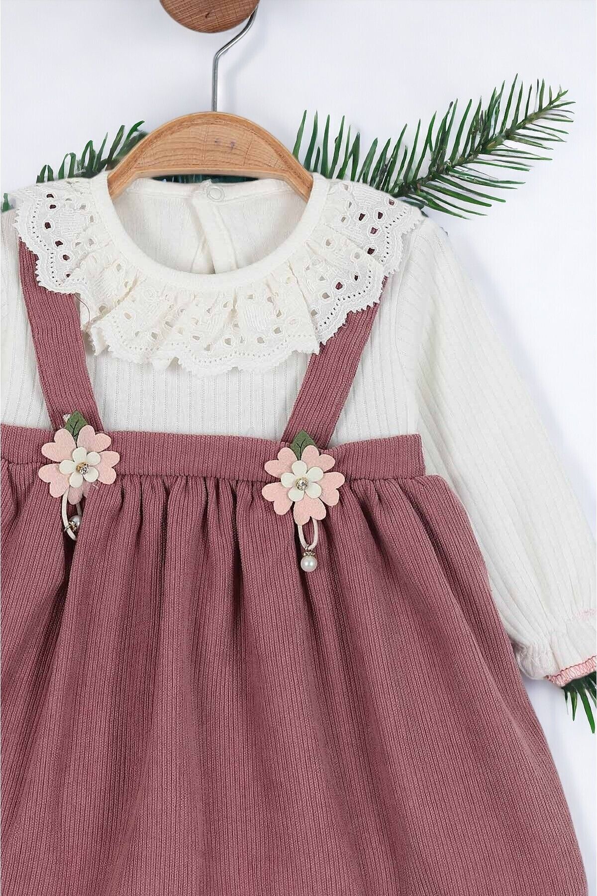 Kız Bebek Vintage Dantel Yakalı Salopet Fitilli Elbise