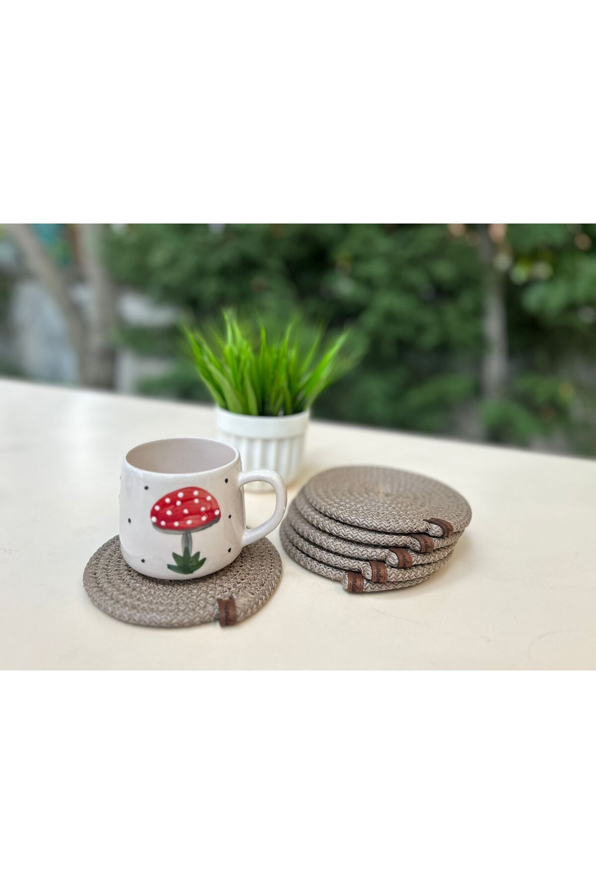 Home-6-Piece Straw Coasters - Cup, Coasters, Candle Coasters, Handmade Beige 5