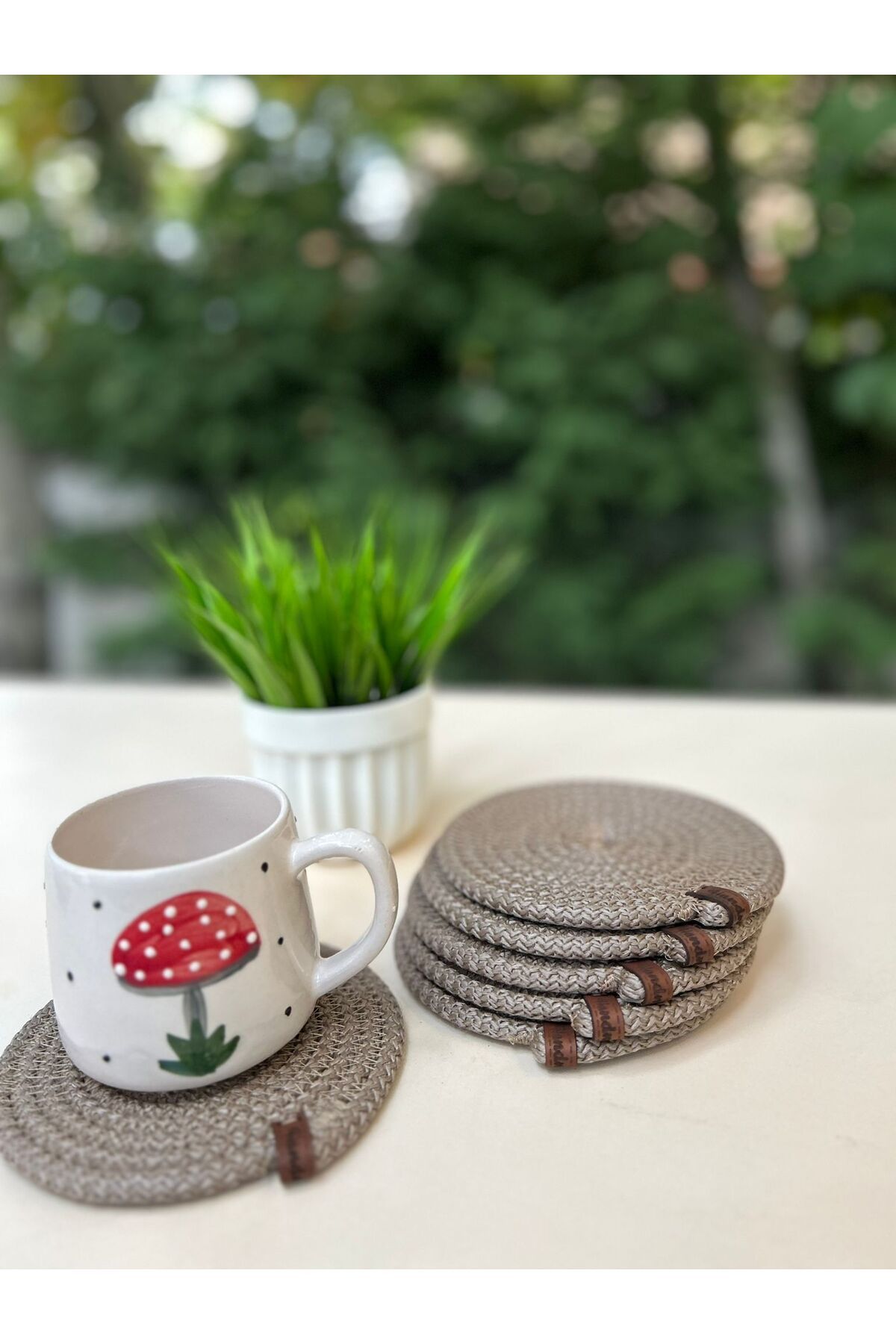 Home-6-Piece Straw Coasters - Cup, Coasters, Candle Coasters, Handmade Beige 1