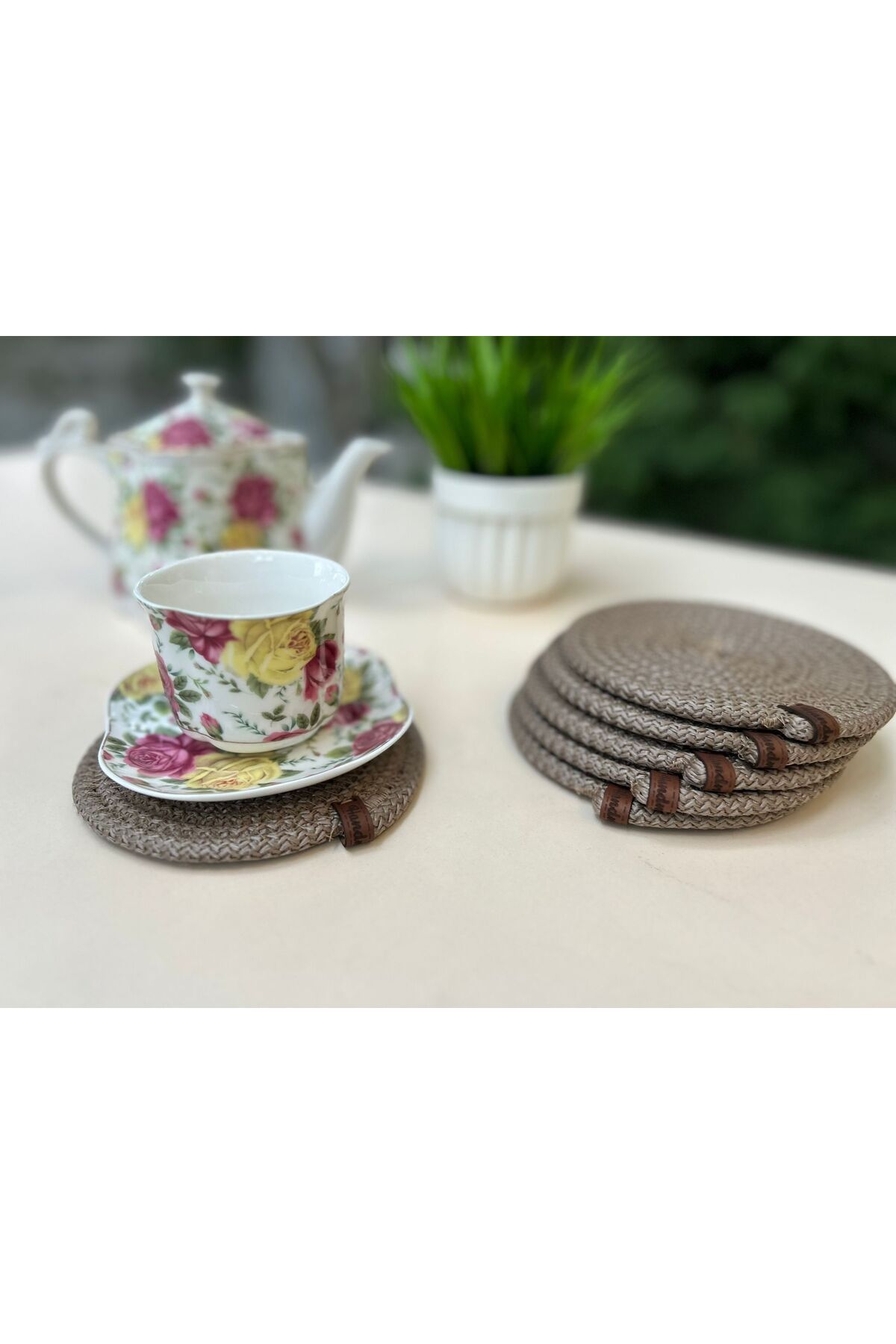 Home-6-Piece Straw Coasters - Cup, Coasters, Candle Coasters, Handmade Beige 3