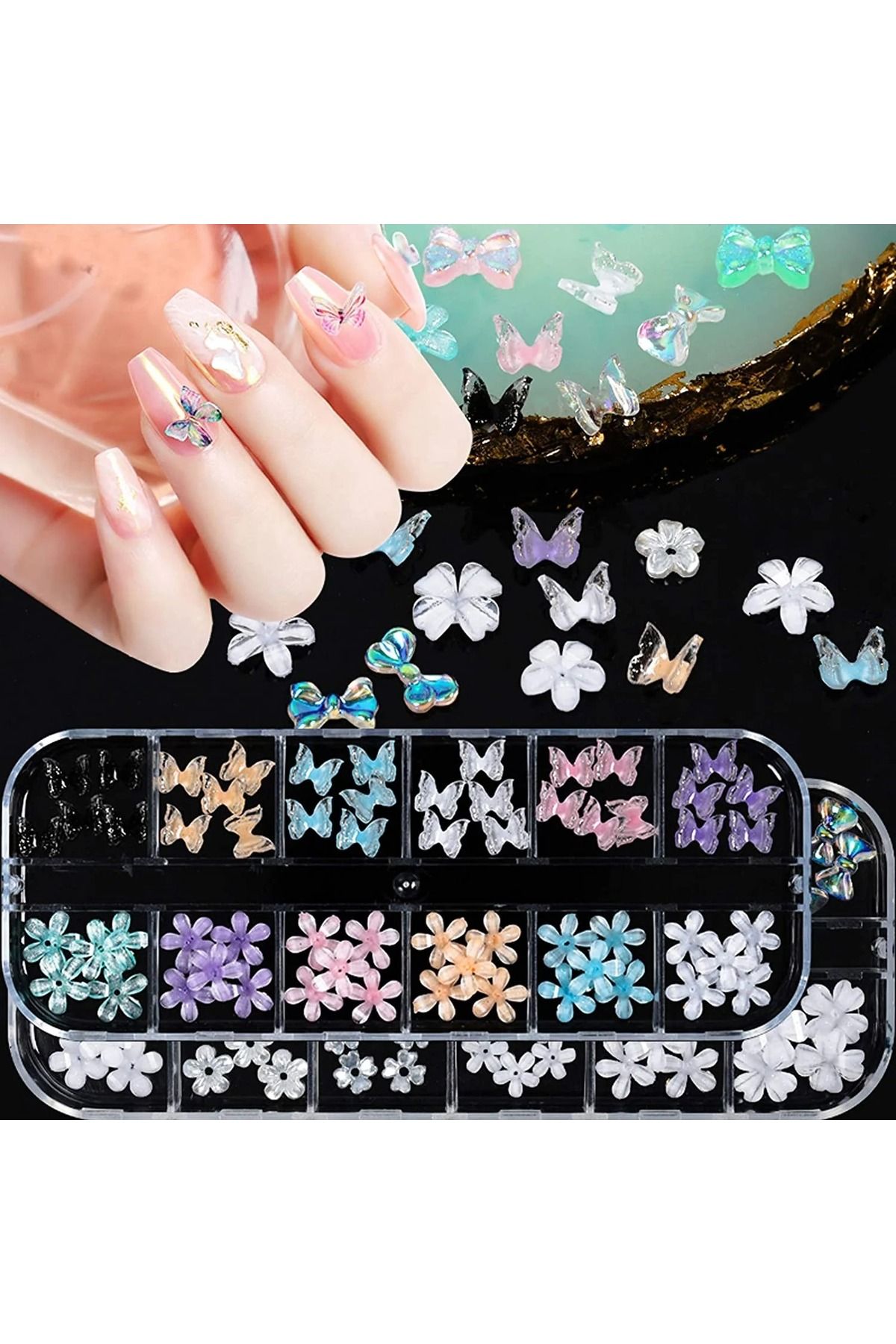 60 عدد زیورآلات 3 بعدی گل 30 گل رز 30 طراحی ناخن پروانه ای 1 جعبه جواهرات تزیین ناخن VIOLA BEAUTY