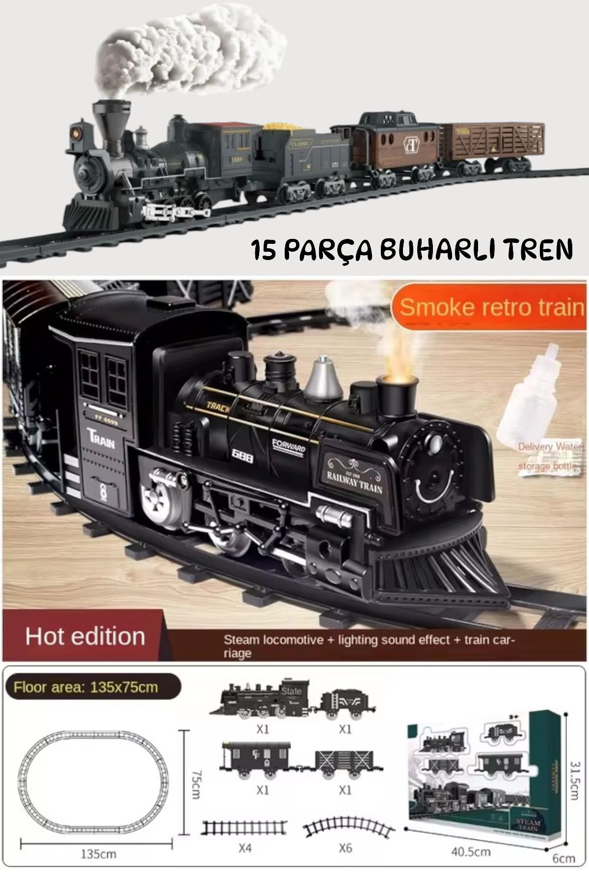 YILDIRIM OYUNCAK 15 Parça Sesli Işıklı Buhar Çıkaran Tren - Işıklı ve Sesli Buhar Çıkartan 15 Parça Tren Set