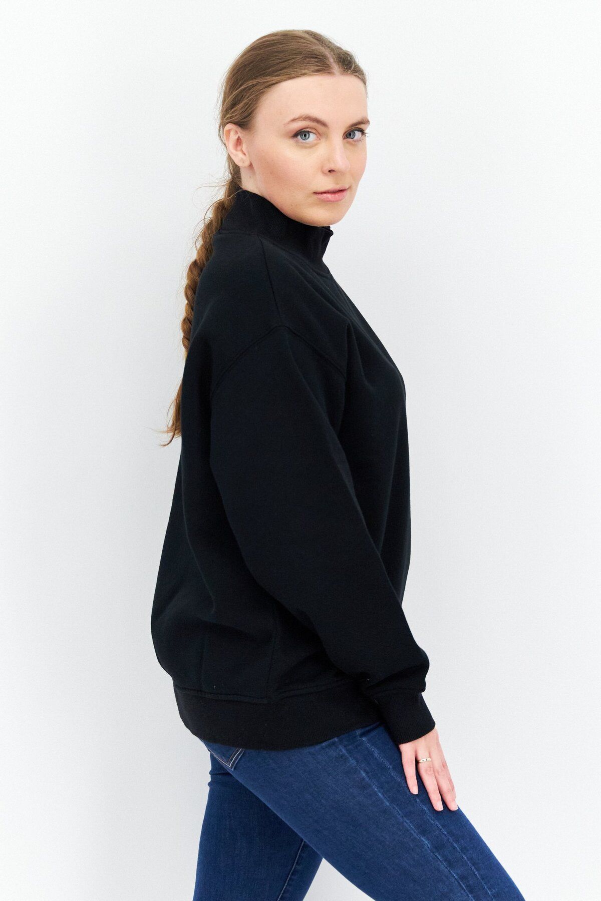 WSLY-Women Oversize Mock Neck Embroidered Long Sleeves Sweatshirt, Black 4
