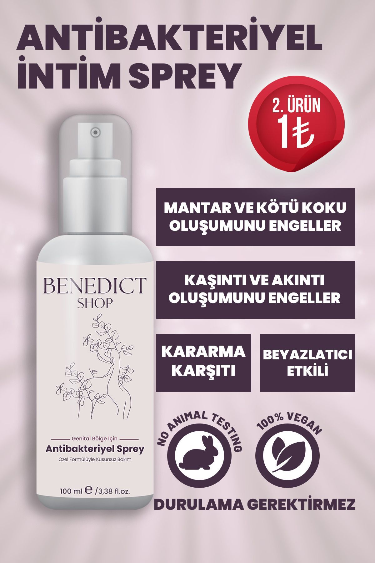 Benedict Shop Genital Bölge Mantar Koku Akıntı Kaşıntı Oluşumunu Engelleyici Beyazlatıcı Antibakteryel Sprey100ml