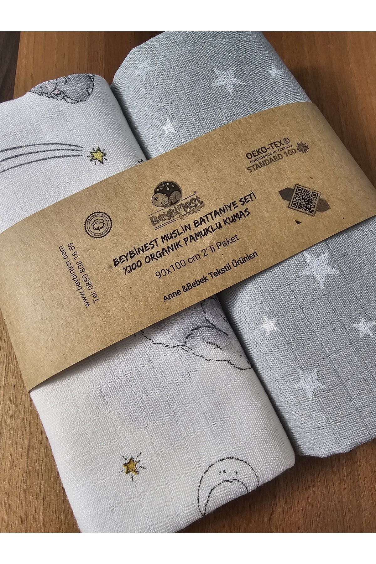 BeybiNest %100 Organik Pamuklu Muslin Set 2 li Paket 90x100 cm fotoğrafı 3 (önizleme)
