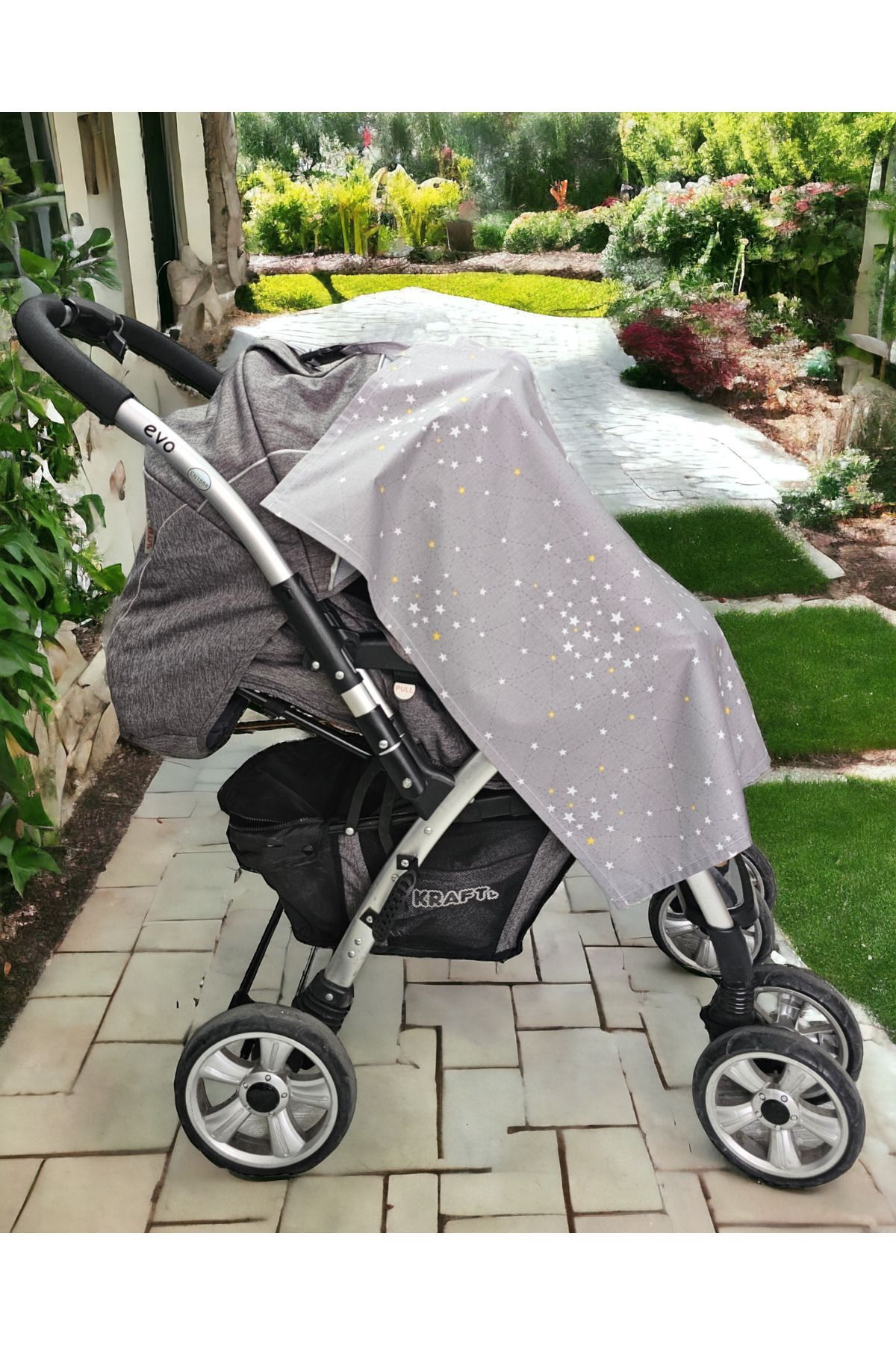 BeybiNest Balenli Emzirme Önlüğü 100x80 Cm Organik Pamuklu Ayarlanabilir Gri Sarı Yıldızlar Emzirme Örtüsü fotoğrafı 3 (önizleme)