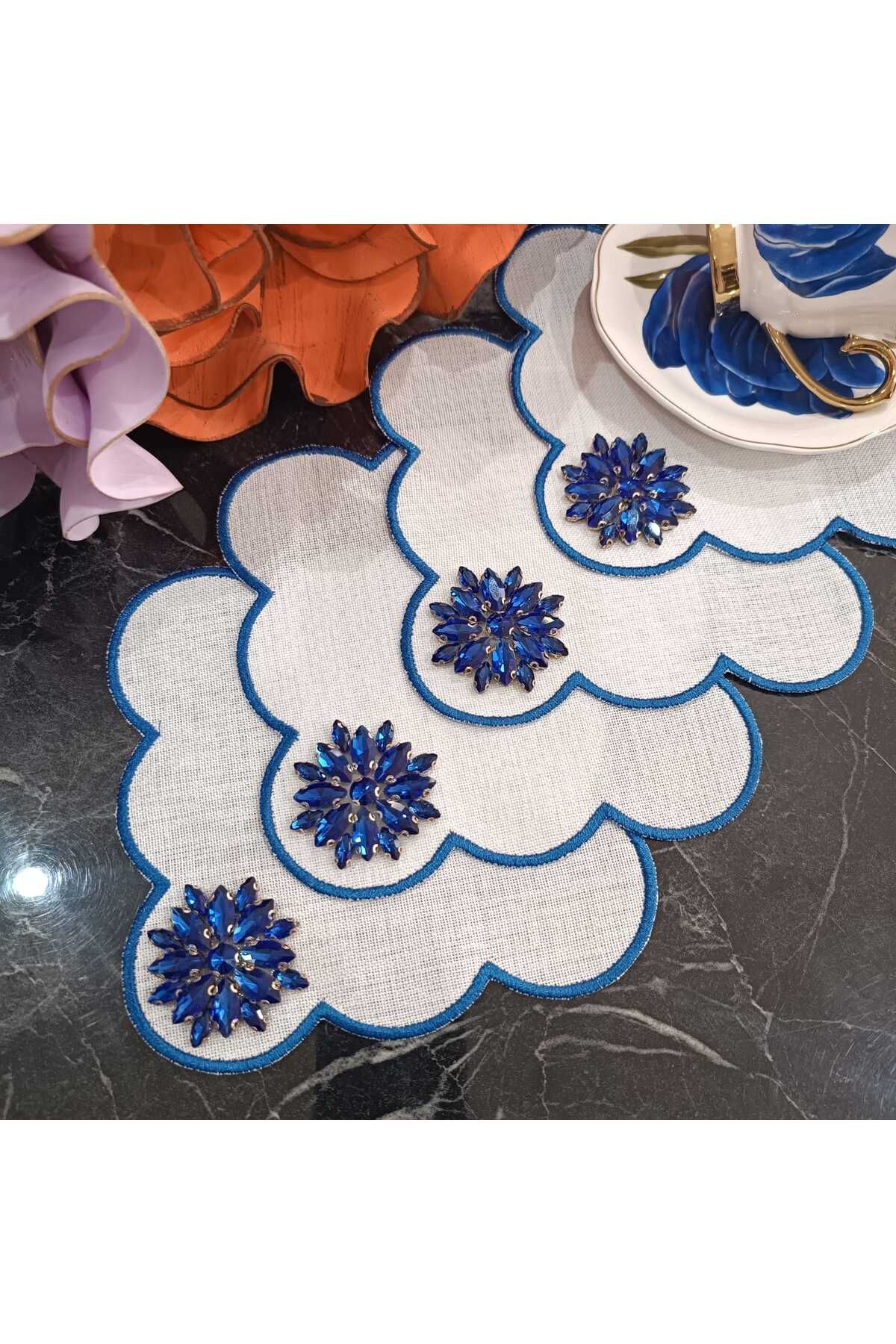 Fleur De Pierre (TAŞ ÇİÇEK) saks mavisi renk Kahve Yanı Kokteyl Peçetesi Leke Tutmayan Kumaş 6 Adet