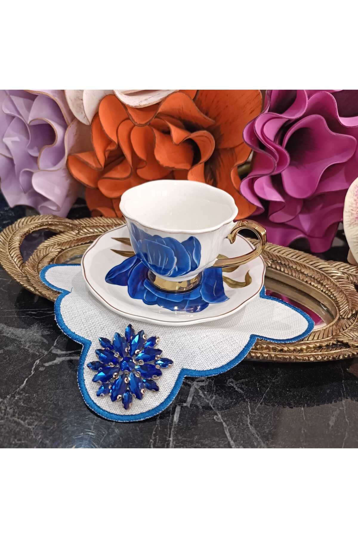 Fleur De Pierre (TAŞ ÇİÇEK) saks mavisi renk Kahve Yanı Kokteyl Peçetesi Leke Tutmayan Kumaş 6 Adet