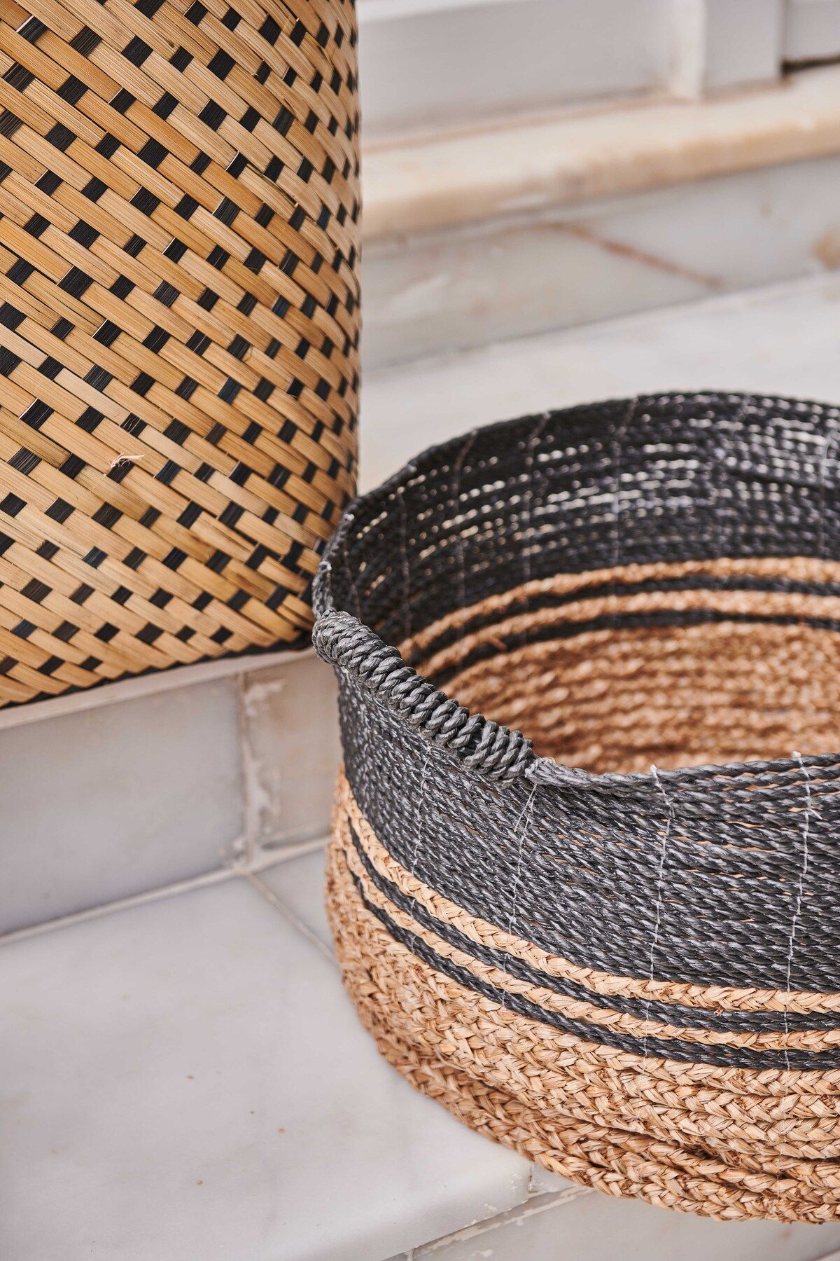 KANCAEV-Mendong Wicker Black-Natural Knitted Basket - Medium Size 5