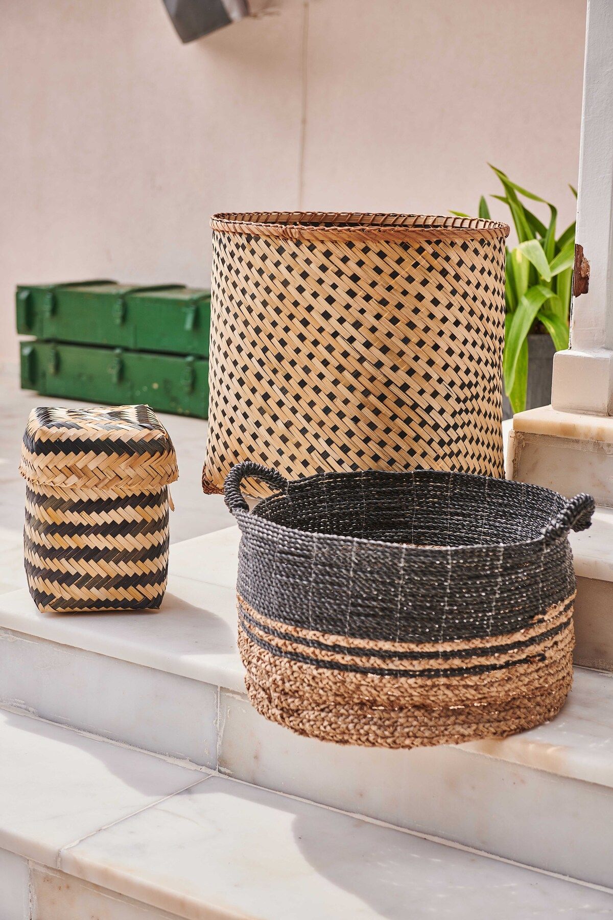 KANCAEV-Mendong Wicker Black-Natural Knitted Basket - Medium Size 6