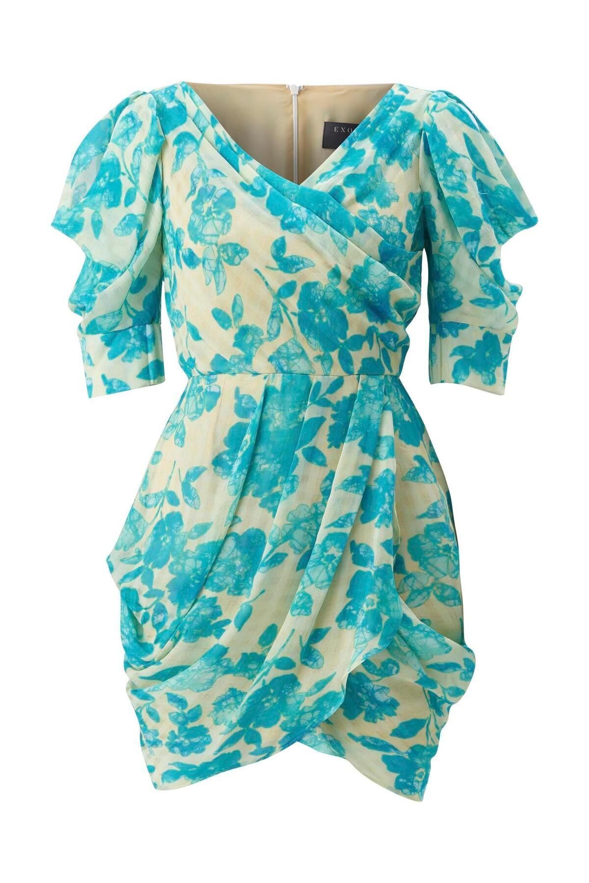 Exquise-Rochie mini cu mâneci pepene verde cu imprimeu floral 4