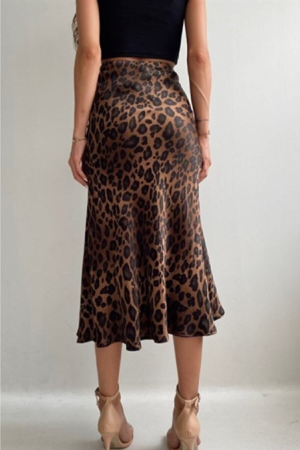 Leopar Desen Saten Midi Boy Kahverengi Etek