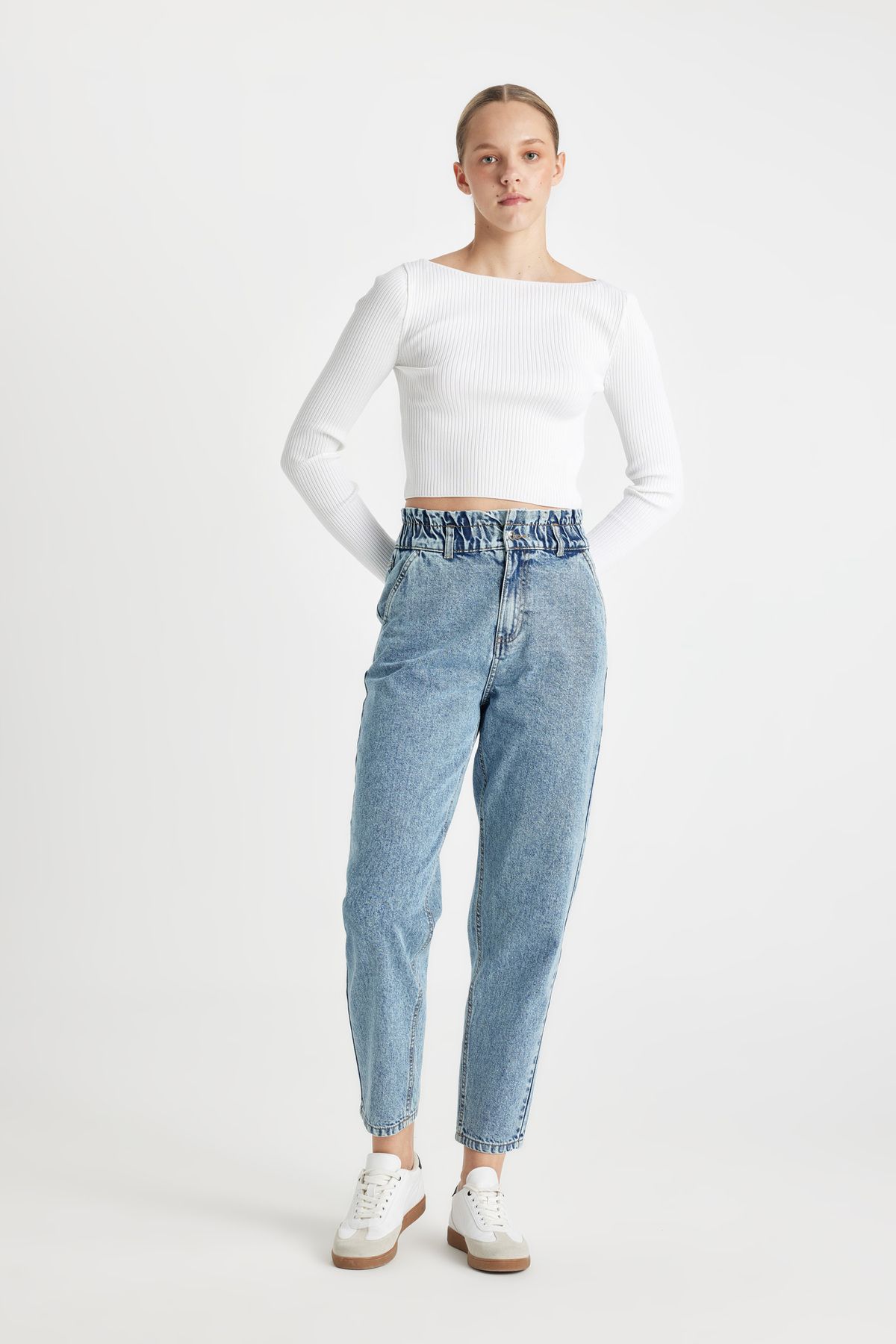 DeFacto-Waschbare, knöchellange Jeans mit hoher Taille – Paperbag-Hose 3