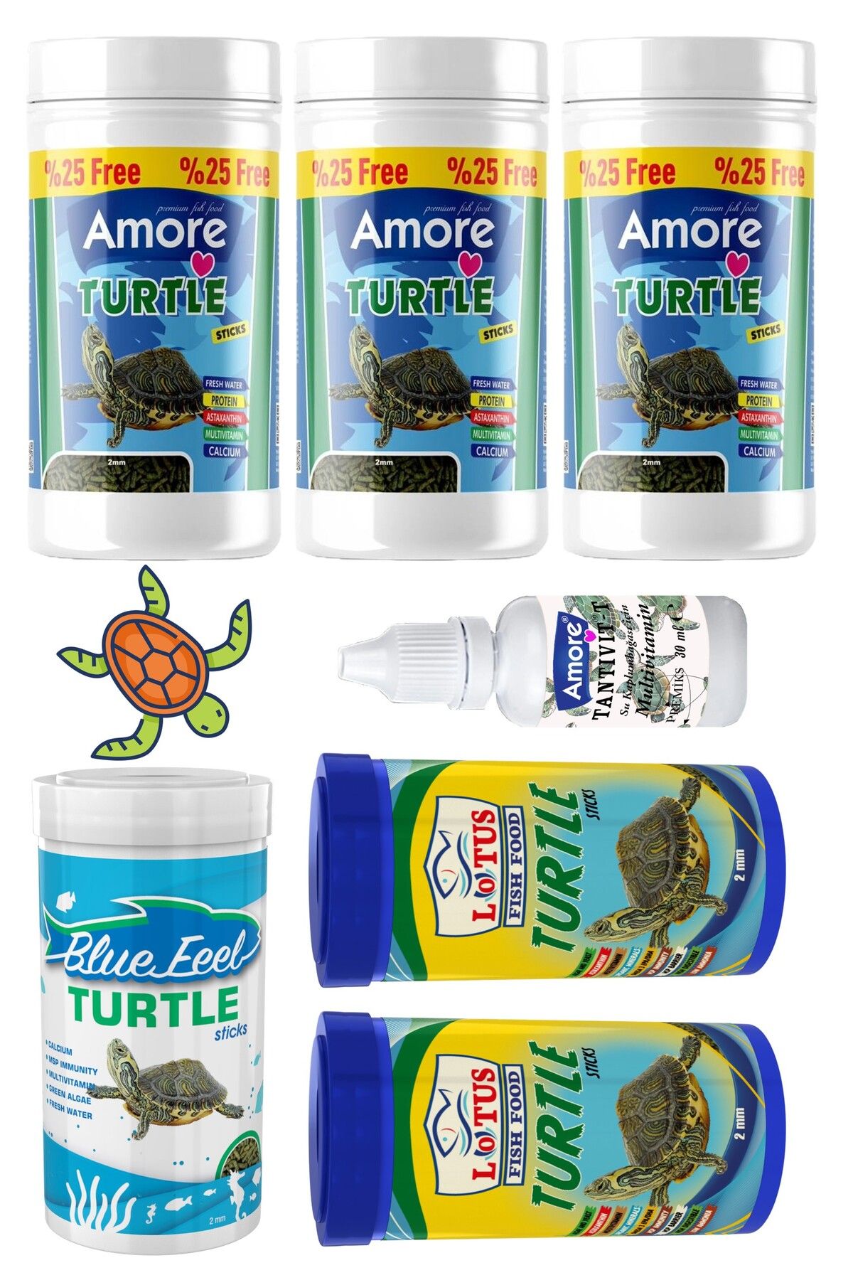 AMORE Su Kaplumbağası Yüzen Yemi 3x125ml, Lotus Turtle Sticks 2x100ml, Bluefeel 100ml, Multivitamin