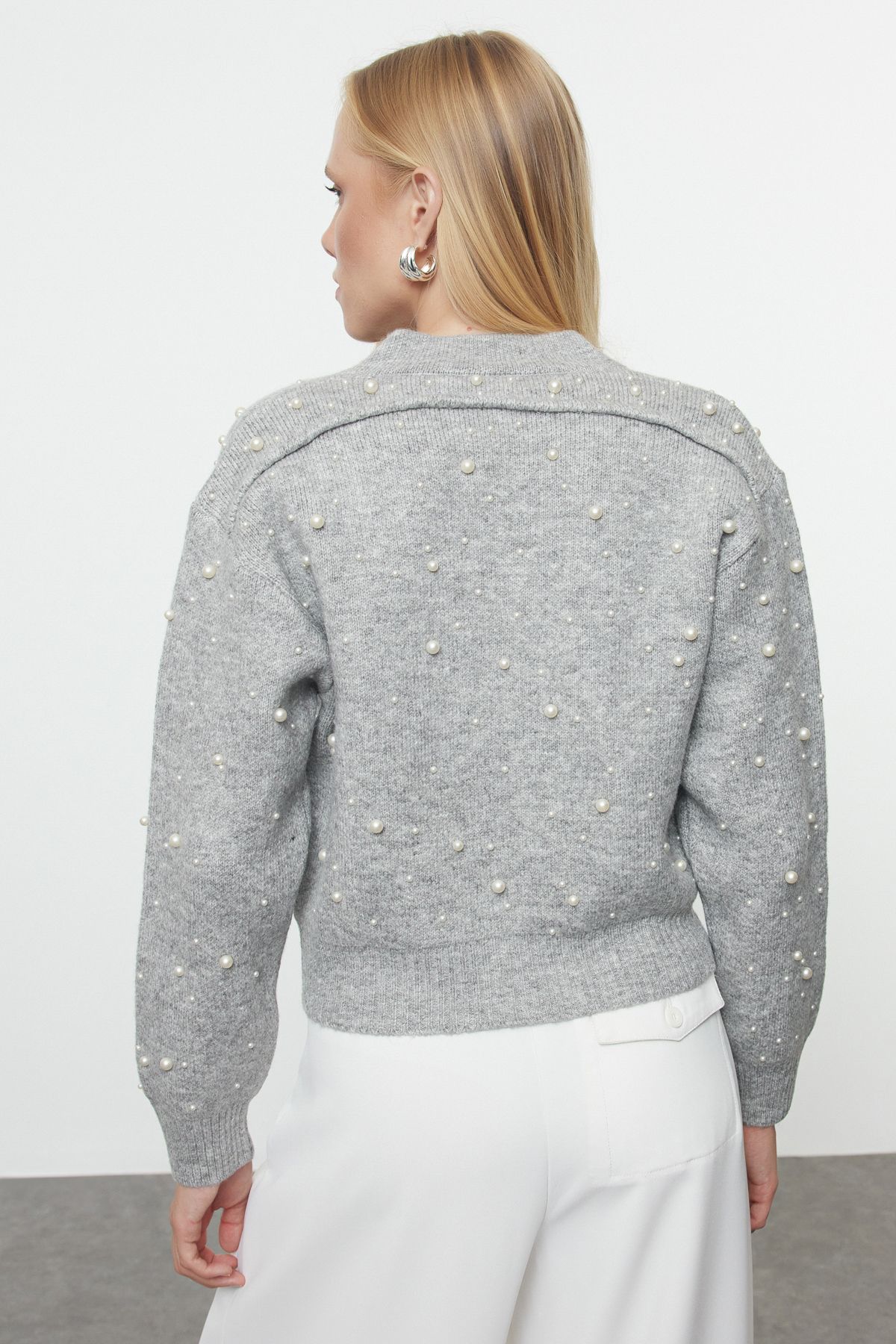 Trendyol Collection-Šedý kámen vyšívaný měkkou texturou pletený svetr na zip - Twoaw25Hi00168 5