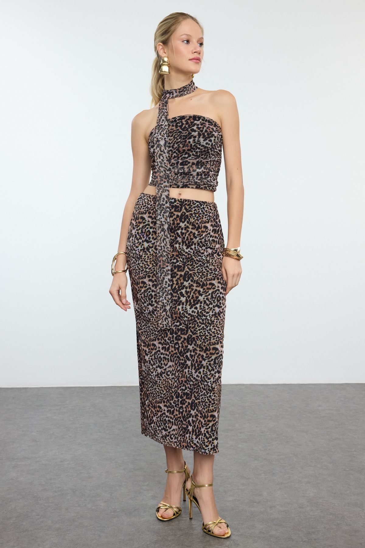 Trendyol Collection-Multicolor Leopard Print Body-Fitting Tulle Knitted Midi Skirt Tpraw25Et00003 1
