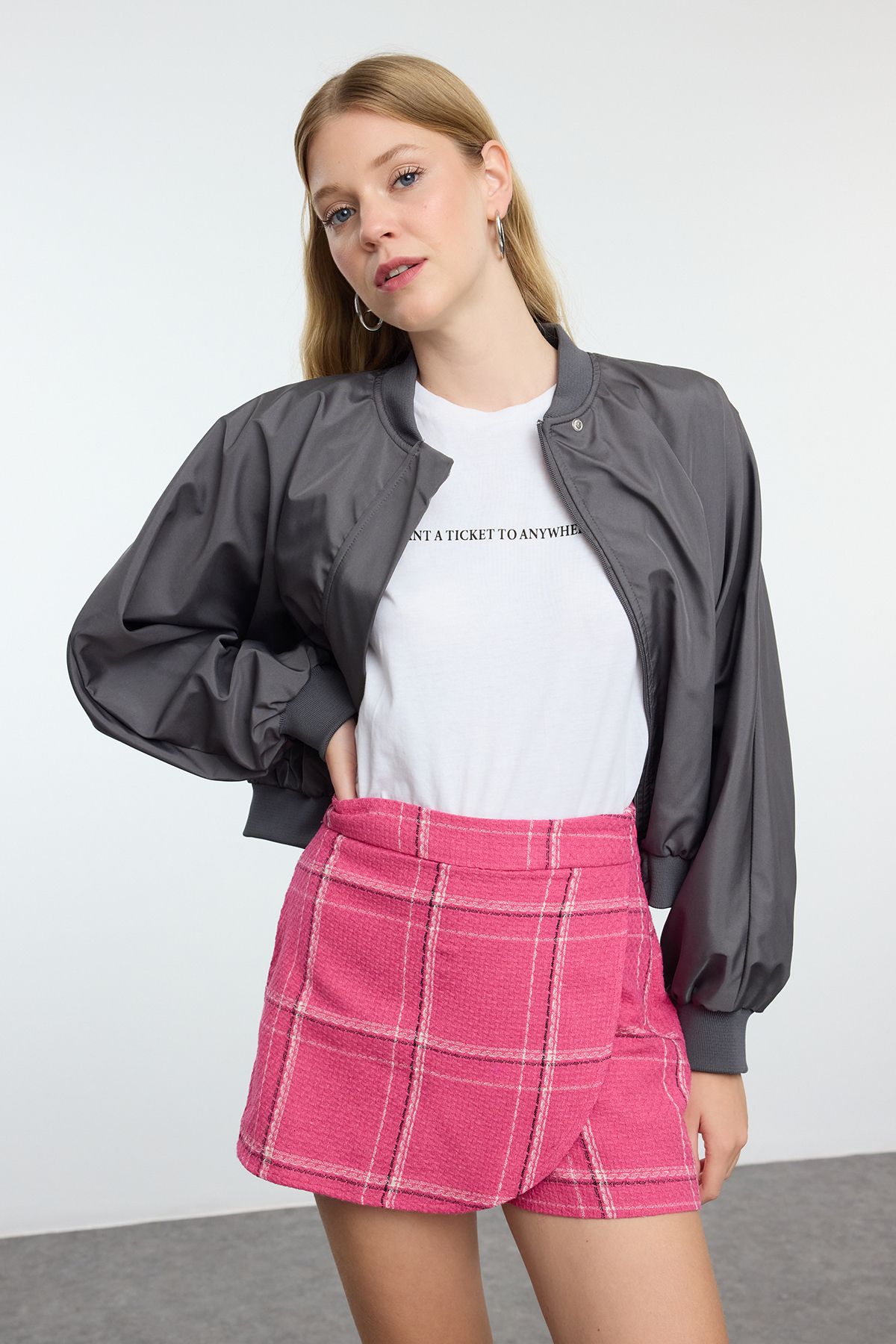 Trendyolmilla  Pembe Ekose Desenli Tüvit Dokuma Şort Etek TWOAW23SR00017 - Görsel 2