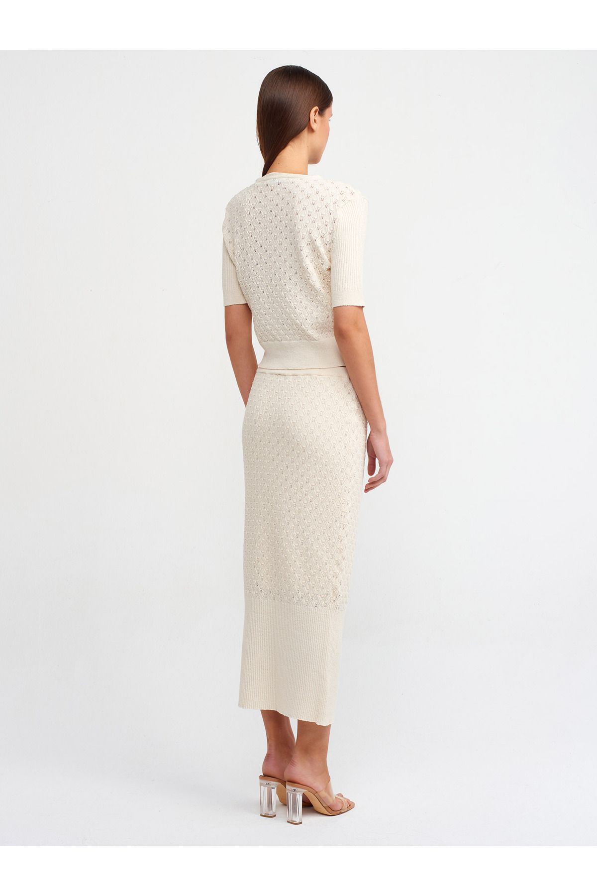 Dilvin-80112 Openwork Elastic Waist Lined Knitwear Skirt-Ecru 2