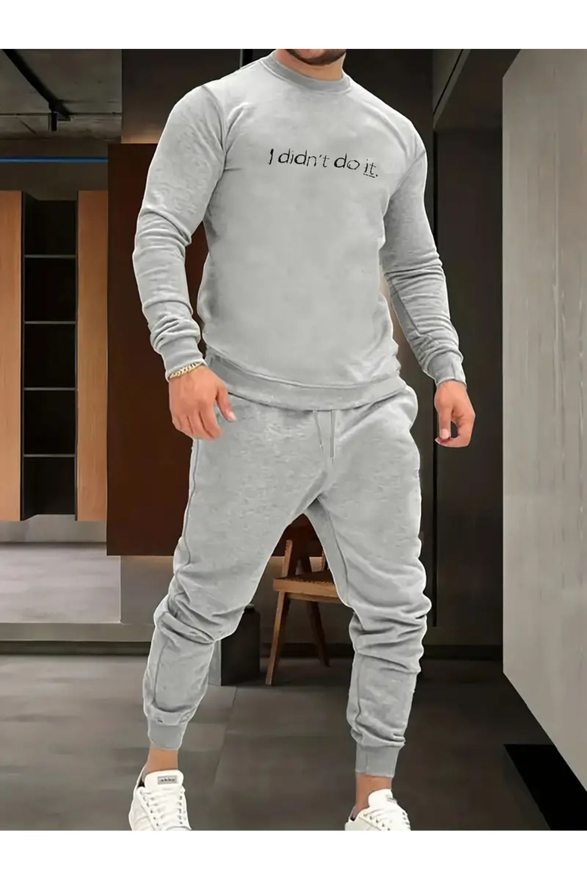 I Didn't Do It Baskılı Bisiklet Yaka Alt Üst Takım Oversize Eşofman Takımı
