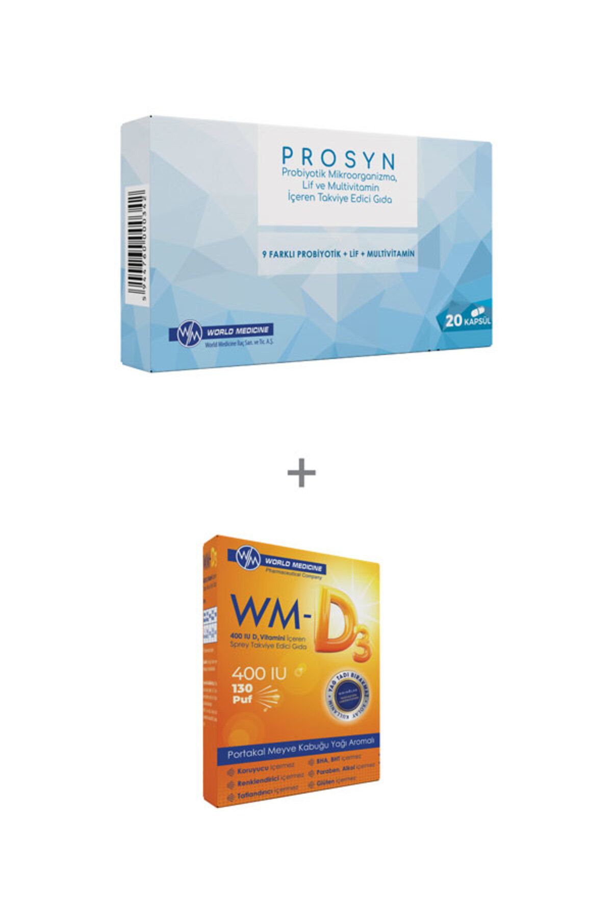 WORLD MEDİCİNE Prosyn Probiyotik,Prebiyotik ve Lif İçeren Takviye Edici Gıda + WM-D3 D Vitamini İçeren Sprey