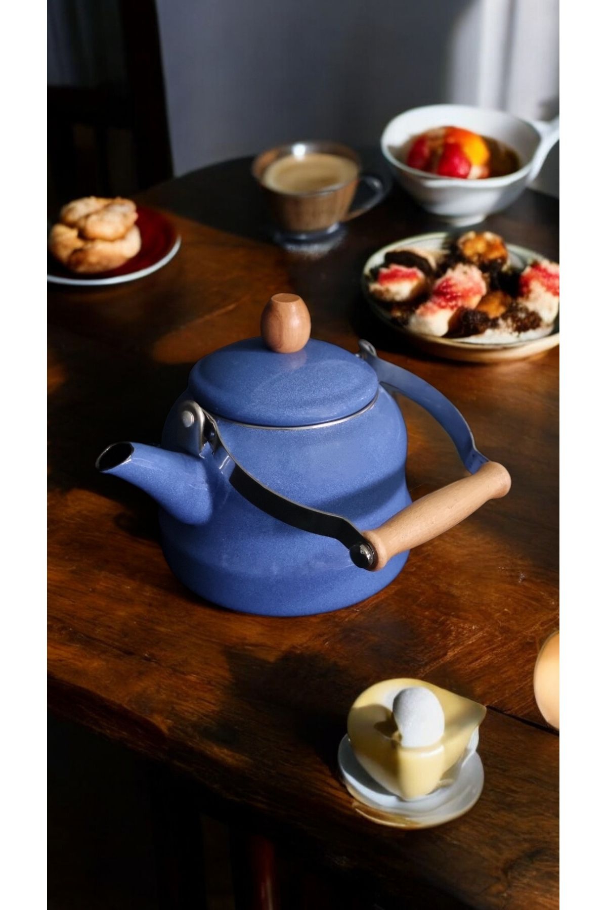 Ahşap Saplı Üstten Tutmalı mevlevi model Vintage Emaye Demlik 2.5 Litre kettle mavi Çaydanlık
