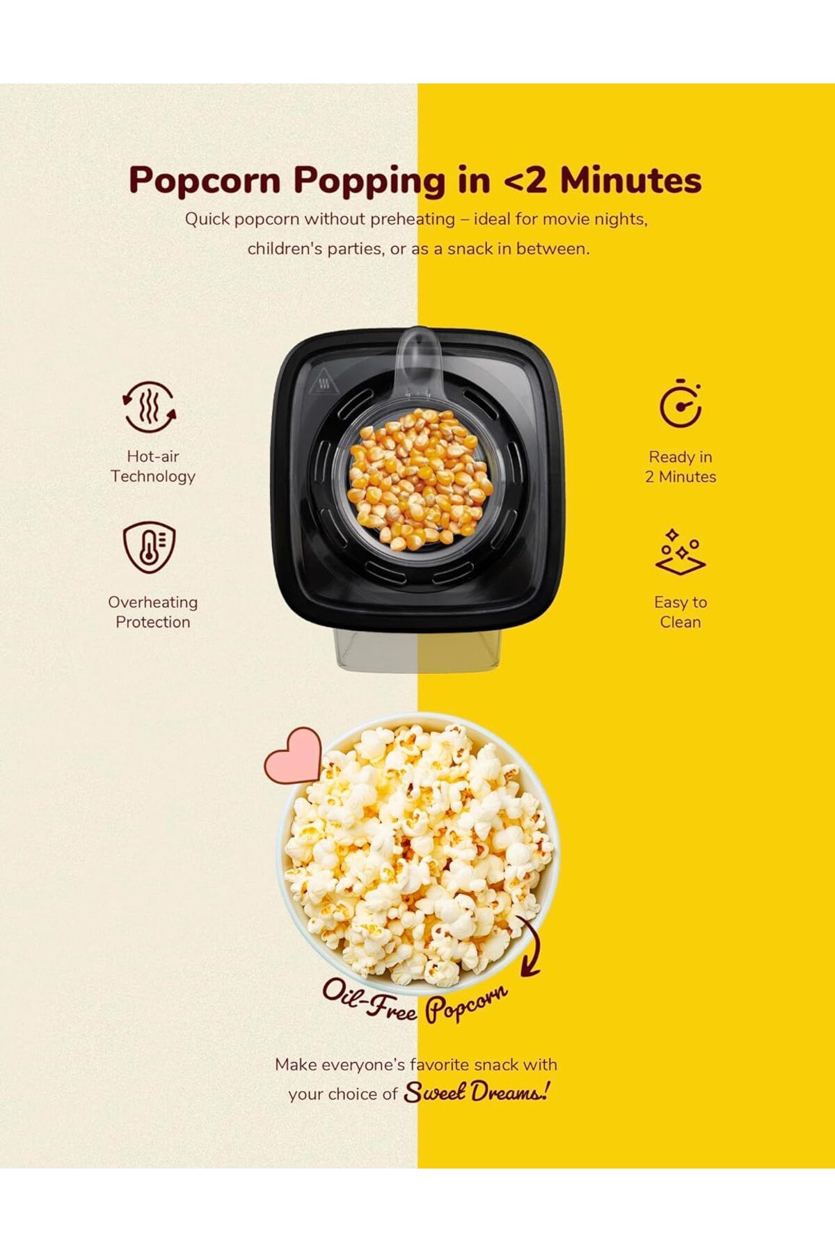bestron-Popcorn Machine, 2 Minutes, Hot Air, 10 Bags, Measuring Cup, Sweet Dreams Series 3