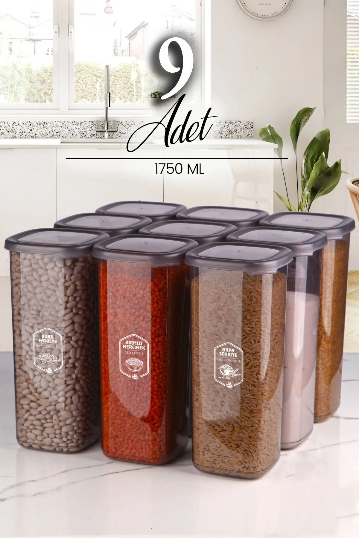 Kitchen Life-Set of 9 Square Square Food Storage Containers with Jumbo Size Label 1750 ml - Hard Lid Large Jar 1