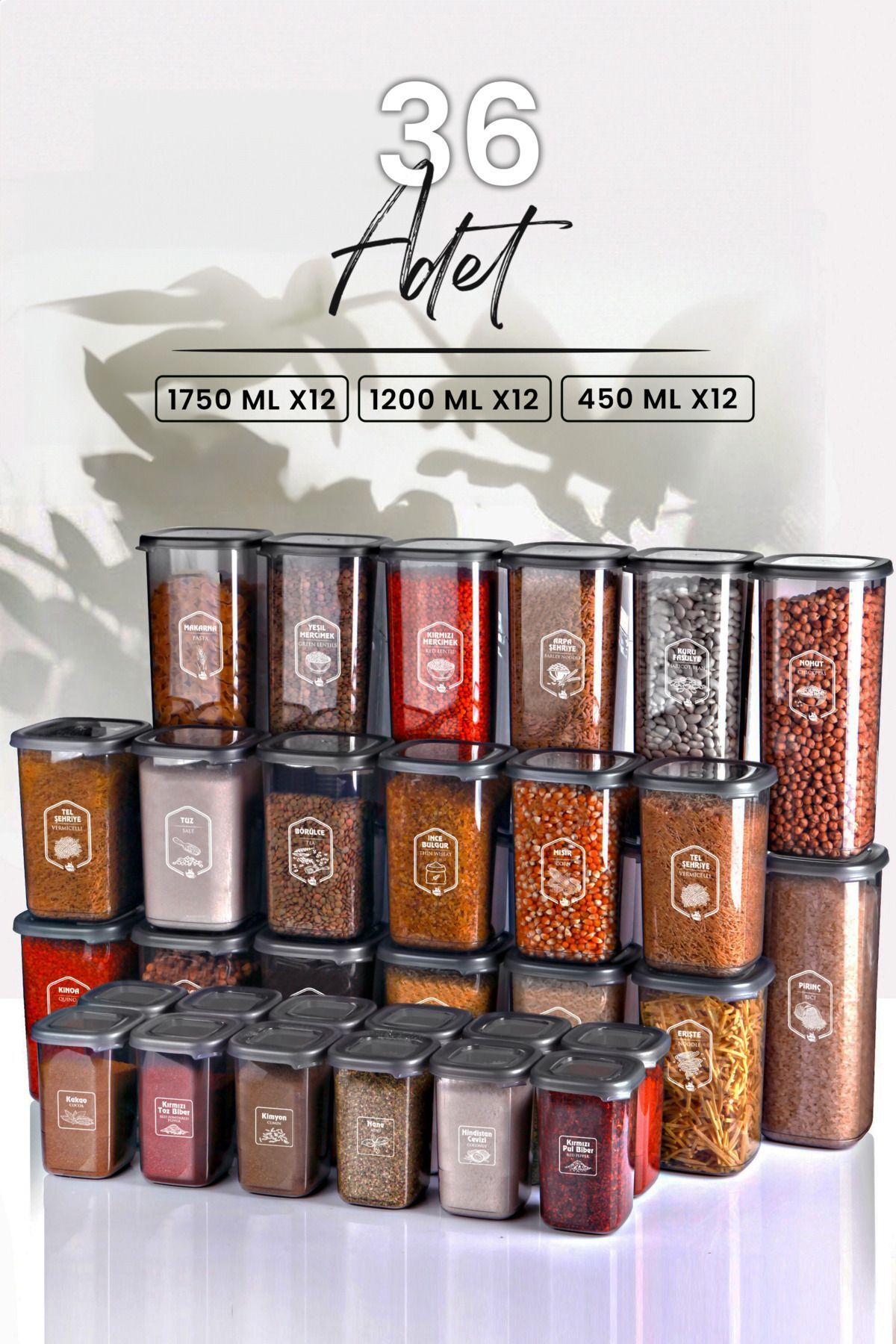 Kitchen Life-Full+Full Set 36 Pieces Labeled Square Food Storage Container Set x12(1750ml-1200ml-450ml) Microwave Set 1