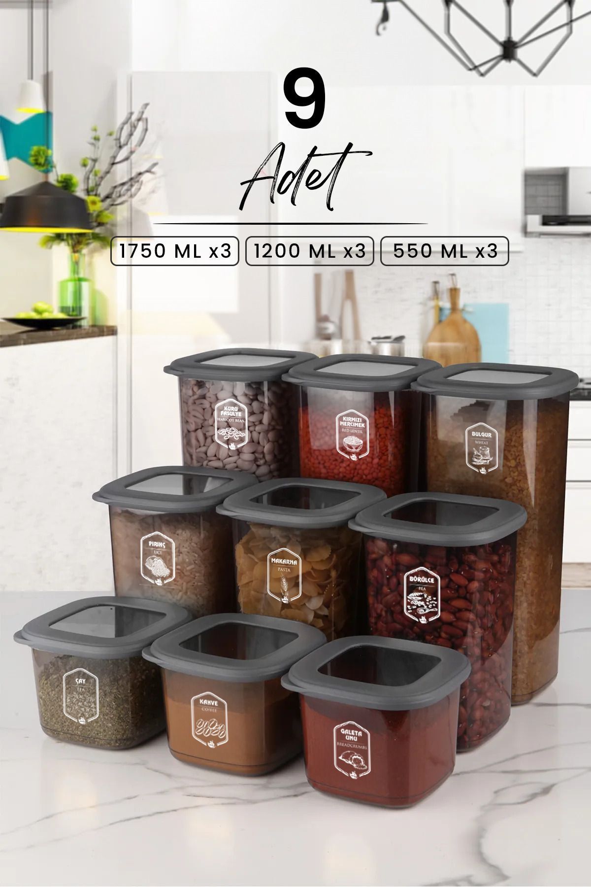 Kitchen Life-Set of 9 Square Food Storage Containers with Label and Silicone Lid - Non-Breathable X3 (550ml-1200ml-1750 Ml) 1