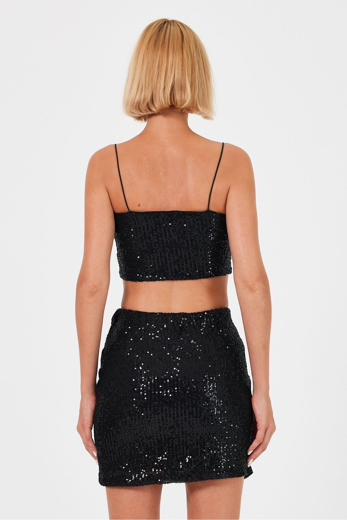 soBasic-Sequin and Flexible Fabric Lined Crop Bustier with String Straps - Black 6