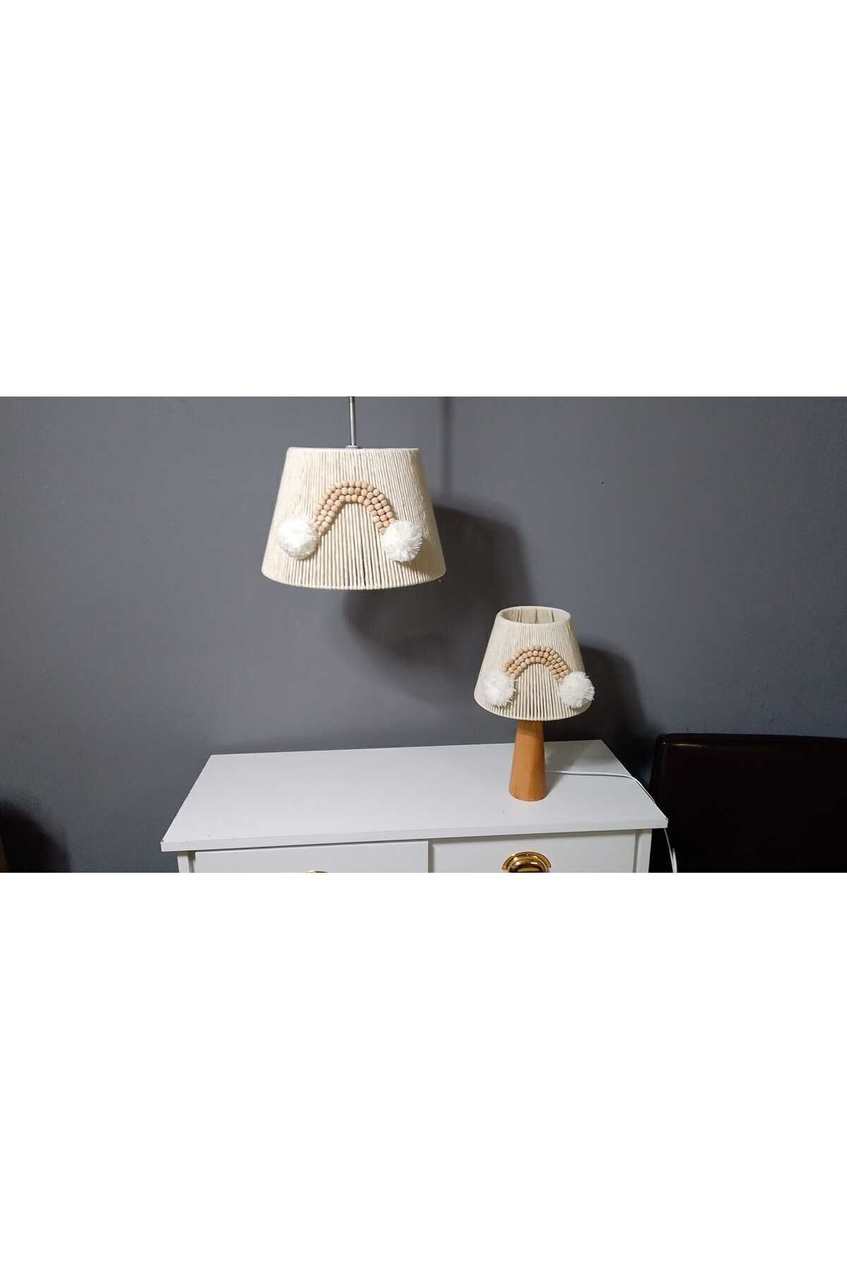poplinhome Ekru Makrome Avize Abajur Set Ahşap Boncuklu Bebek Çocuk Odası E27 Uyumlu fotoğrafı 3 (önizleme)