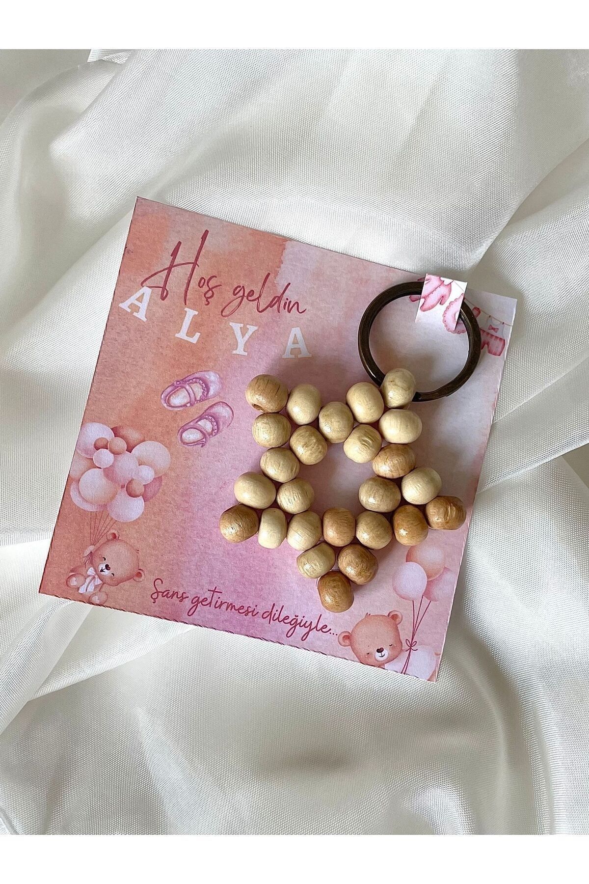 20Pcs Name Custom Written Birthday Newborn Gift Card Wooden Beads Star Keychain